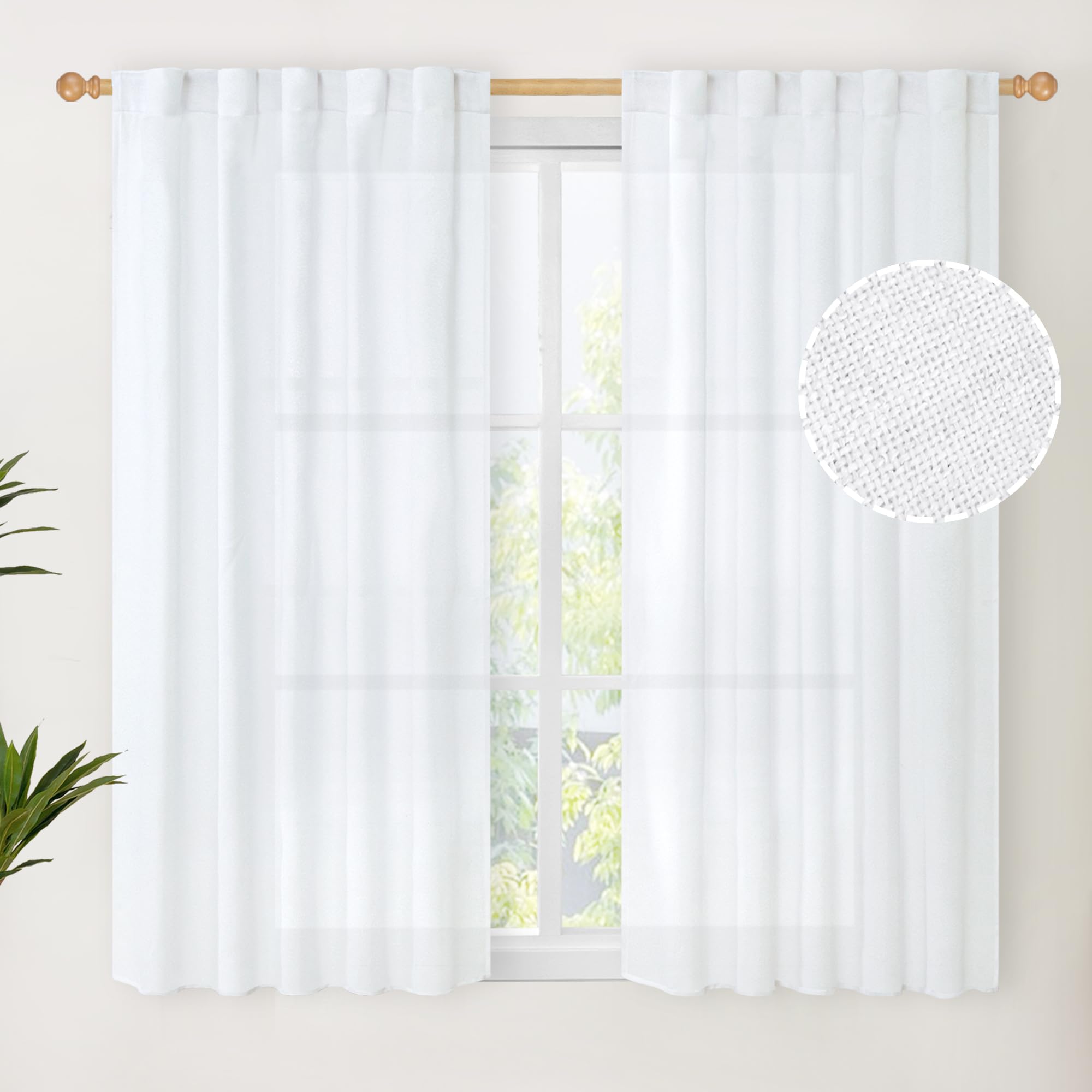 White Linen Semi Sheer Curtains 48 Inch Length 2 Panels (2 Count)