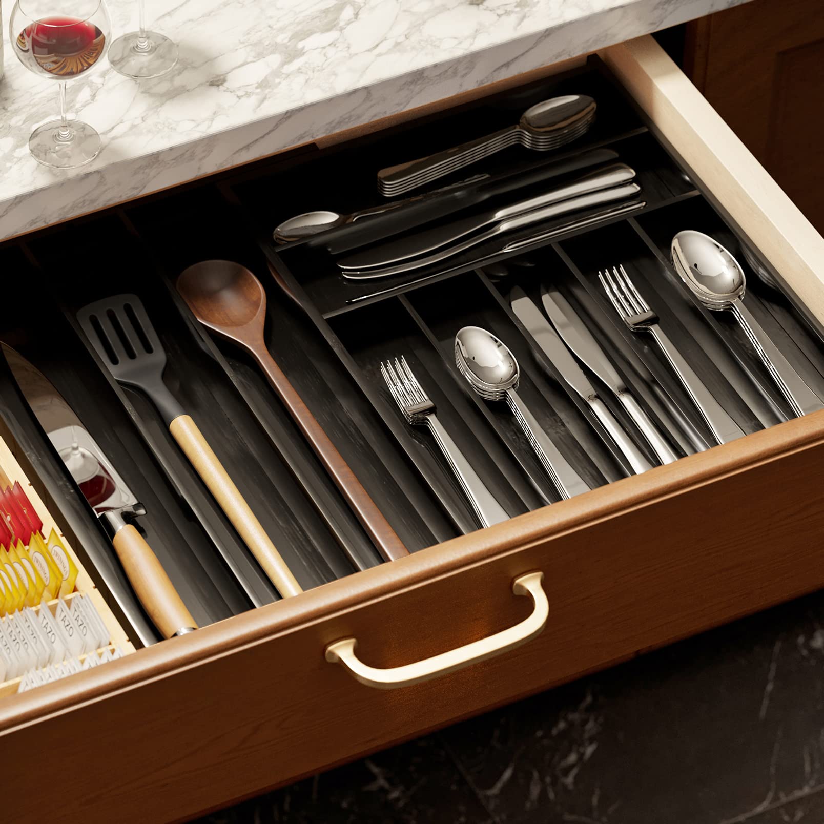 Bamboo Silverware Drawer Organizer with Labels