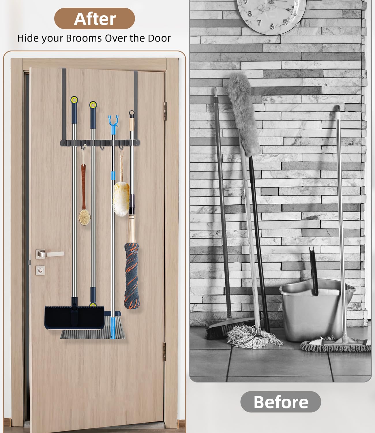 Broom Holder Over The Door with Hooks