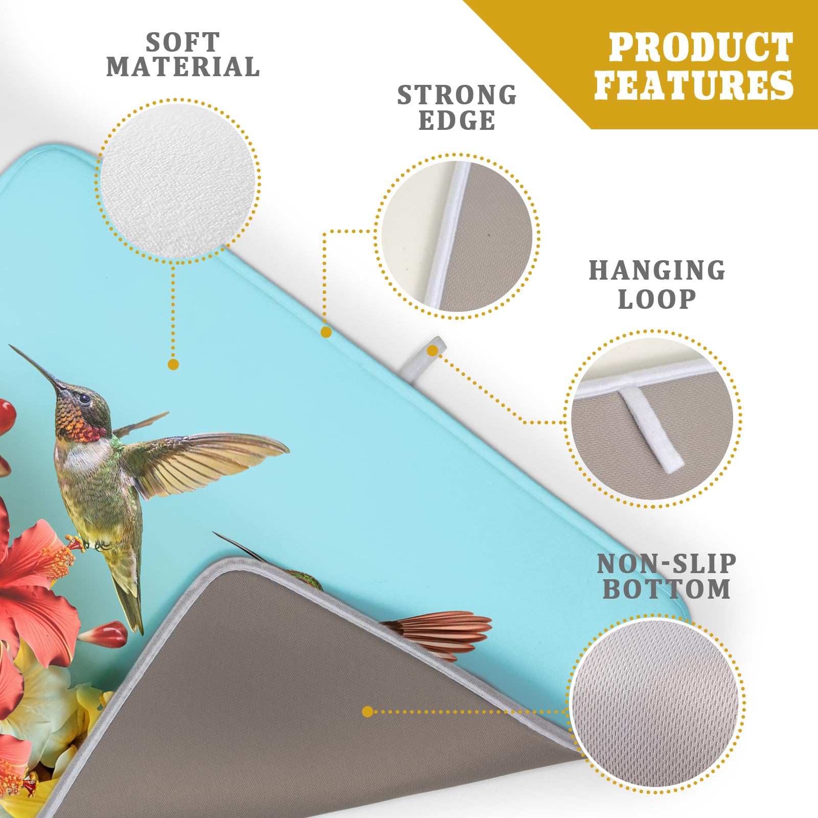 Hummingbirds Floral Dish Drying Mat for Kitchen Counter 16x18 In Hibiscus Tropical Drying Mat Farmhouse Fast Dry Absorbent Microfiber Dish Drainer Rack Pad for Countertop Decor