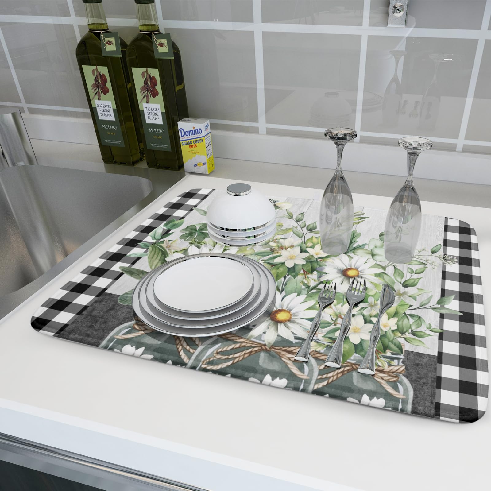 Daisy Floral Dish Drying Mat for Kitchen Counter Watercolor Flowers Absorbent Dishes Drainer Rack Mat 18x24 Inch Microfiber Dish Drying Pads Spring Kitchen Drying Dishes Pad Countertops