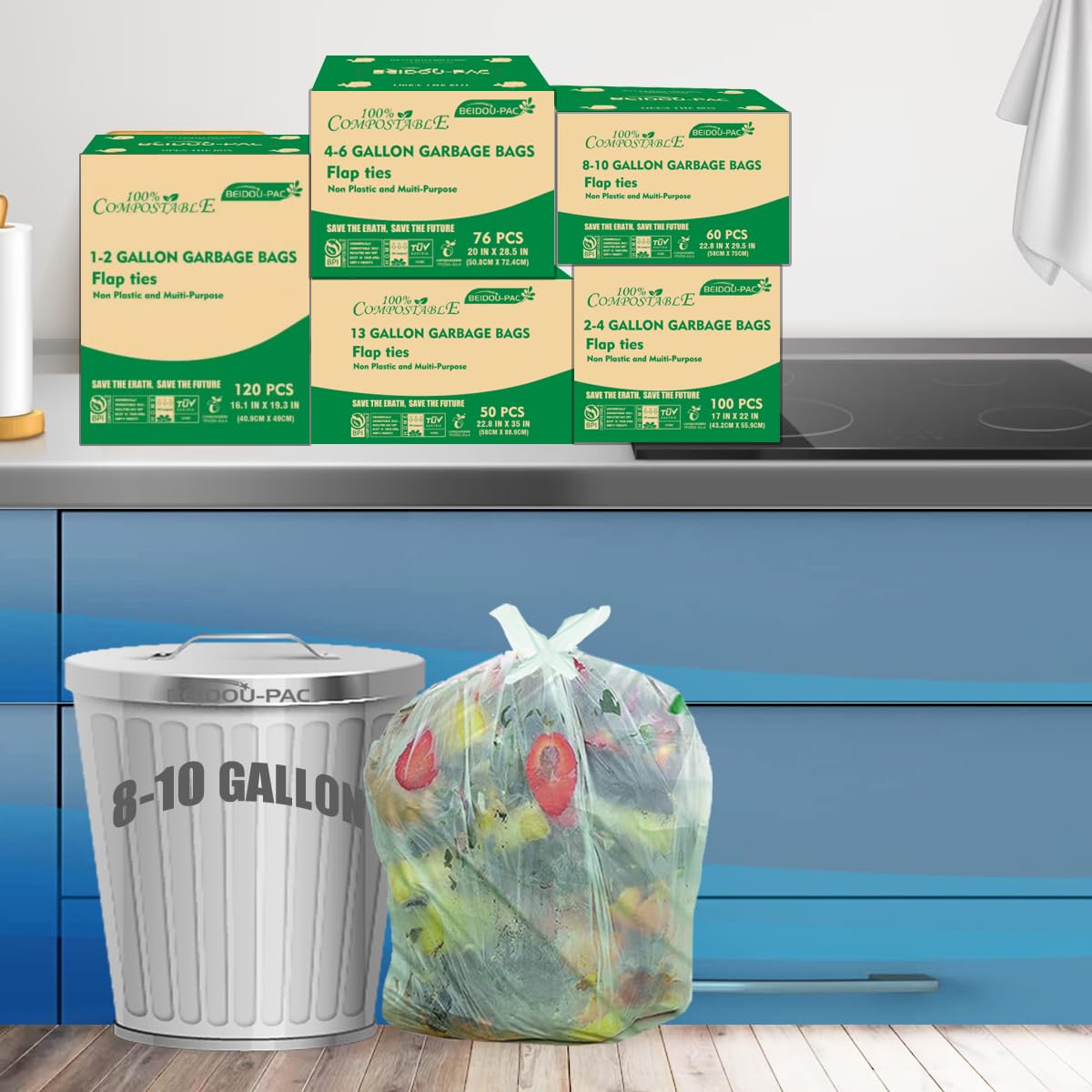 8 10 Gallon Flap Tie Compostable Trash Bags (60 Count)