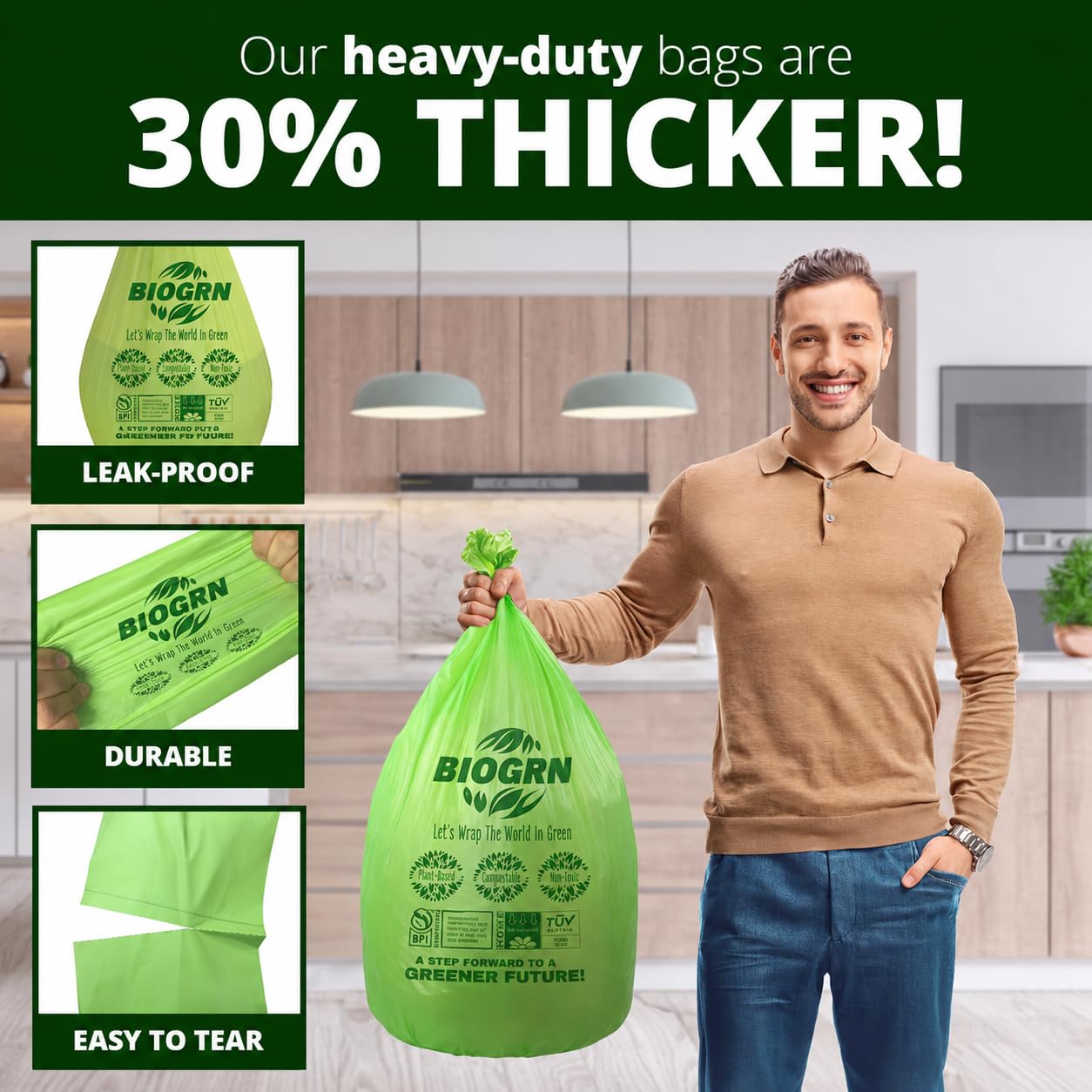 10 13 Gallon Compostable Trash Bags with Flat (50 Count)