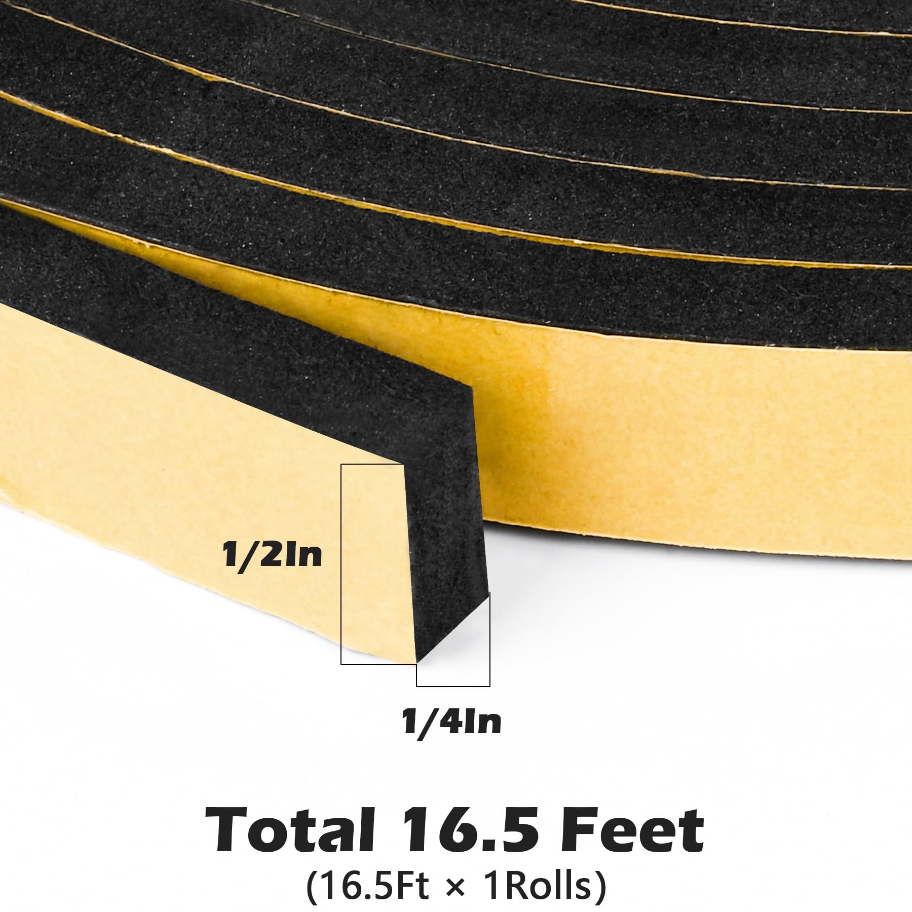 Black Door Window Weather Stripping Self Adhesive Foam Tape High Density Foam Sealing Strip Window Insulation Weatherproof Gasket Tape for Doors and Windows (16.5 Foot)