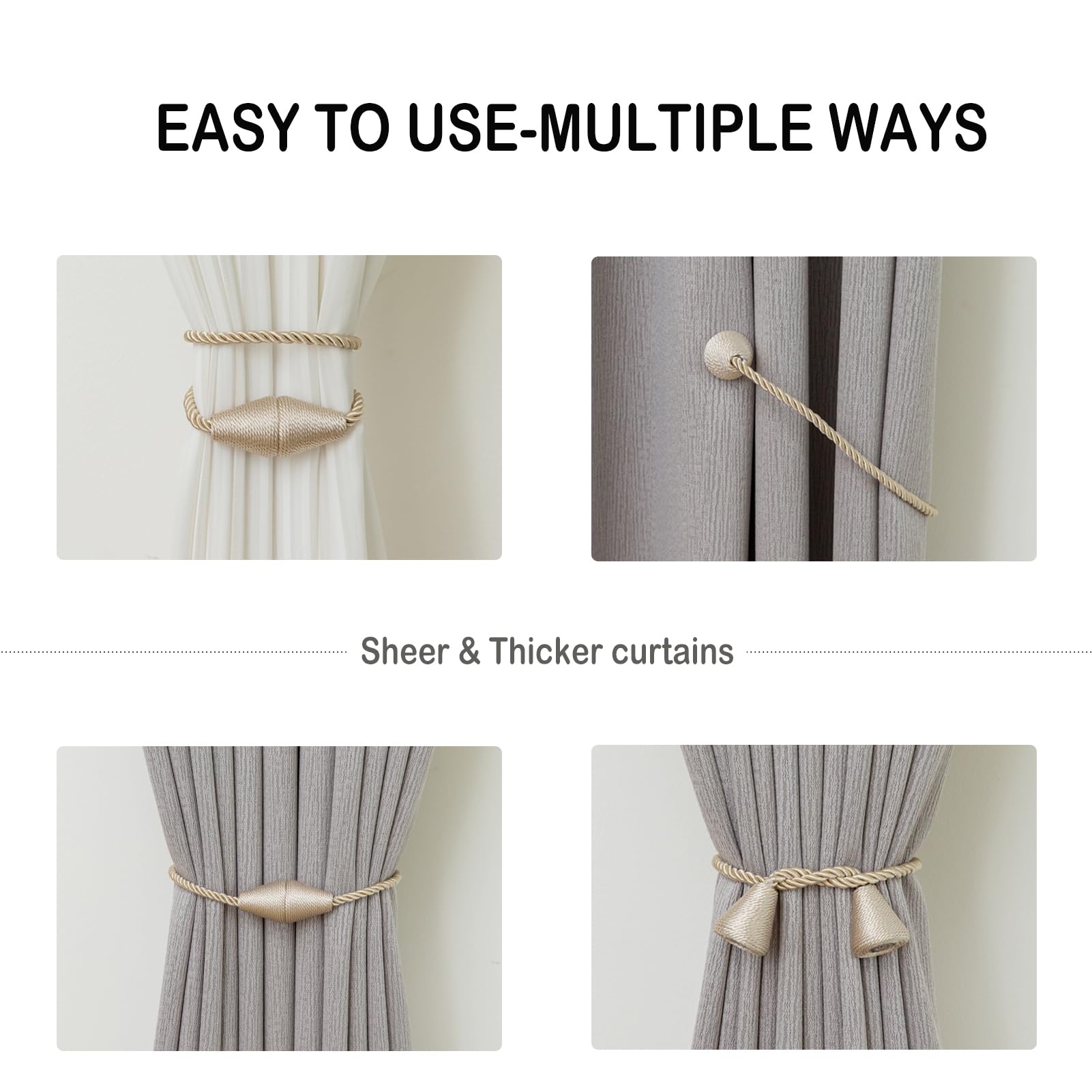 Magnetic Curtain Tiebacks 6 Pack Outdoor Rope Curtain Tie Backs Decorative Window Treatment Holdbacks for Home Decorative Curtain (6 Count)