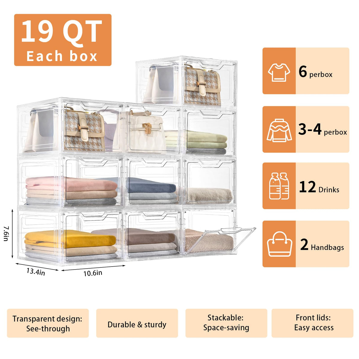 10 Pack Clear Storage Bins with Lids (10 Count)