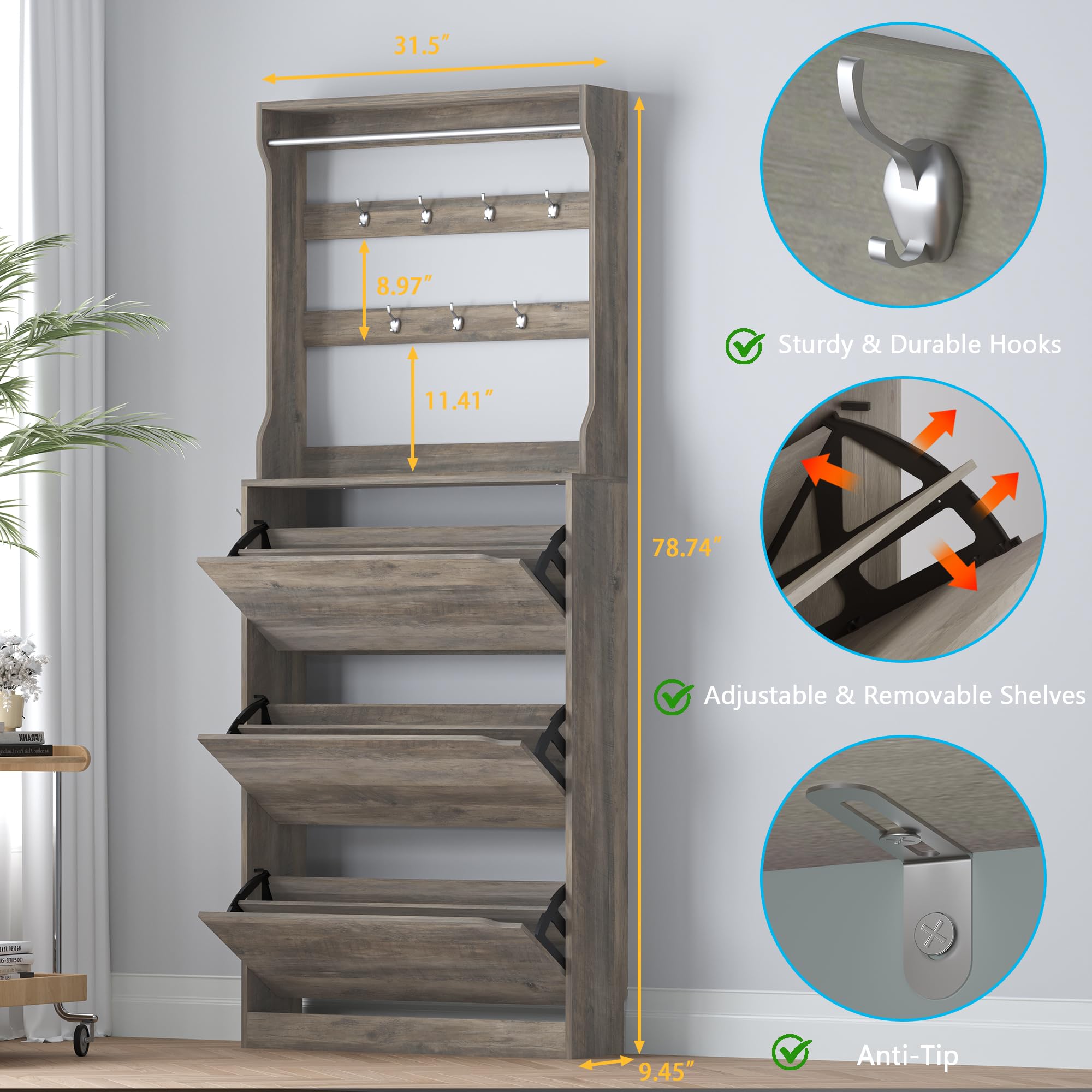 Shoe Cabinet with 3 Flip Drawers & Coat Rack