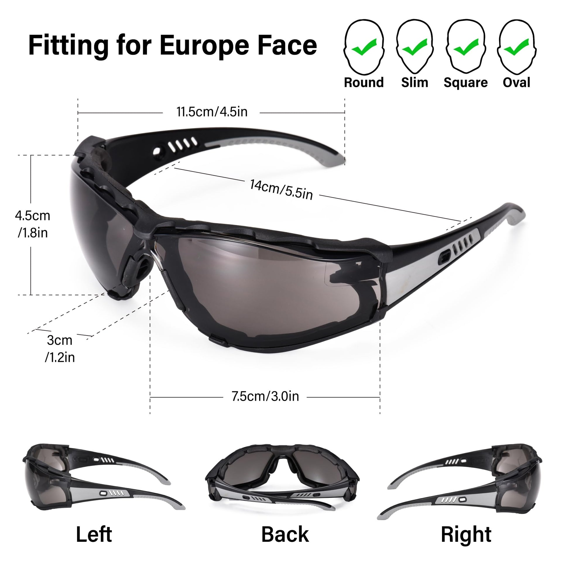 Safety Glasses Anti Fog Scratch Resistant ANSI Z87.1 CE Protective Eyewear with Foam Gasket Adjustable Strap