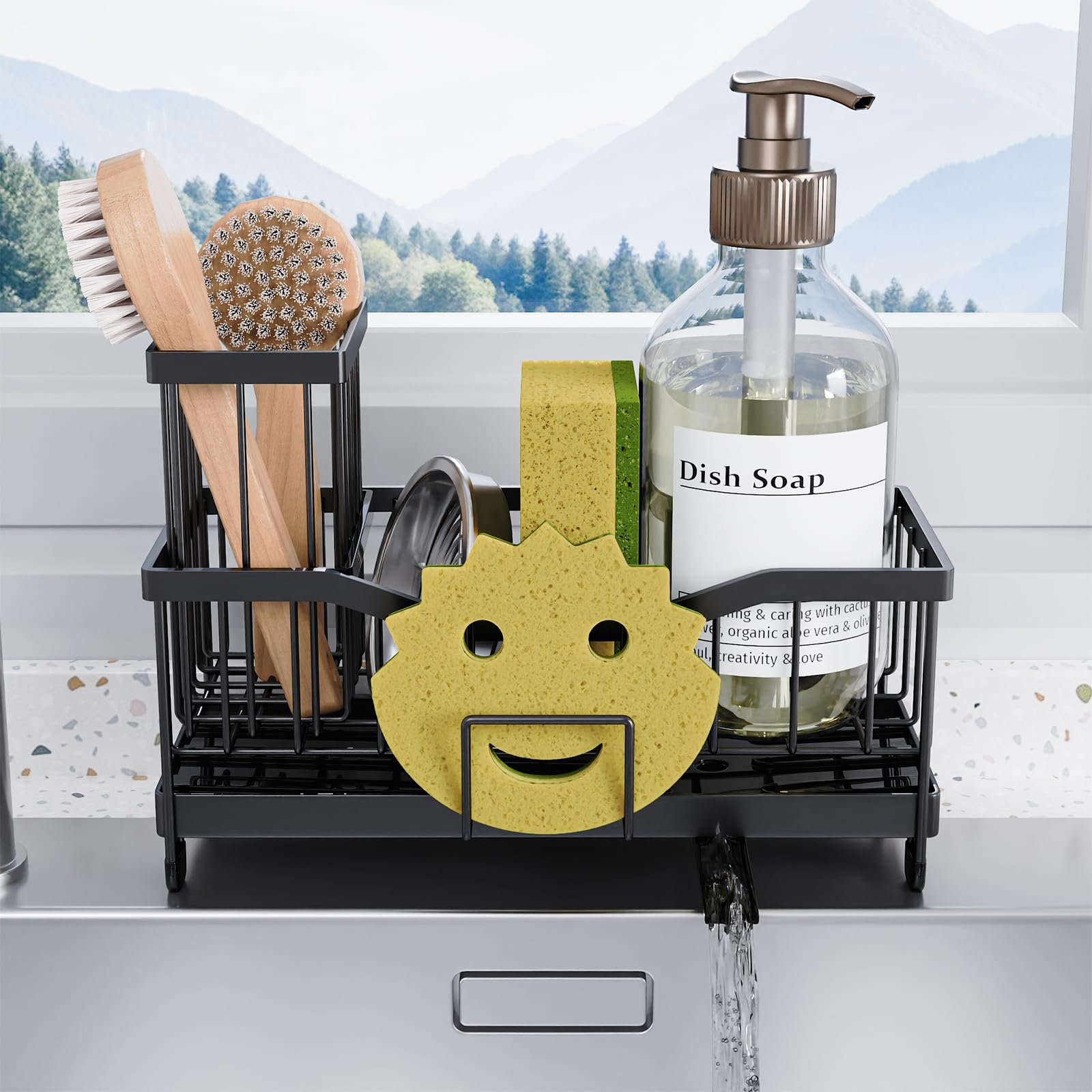 Maifan Kitchen Sink Caddy Organzier Sponge Holder for Kitchen Sink with High Brush Holder