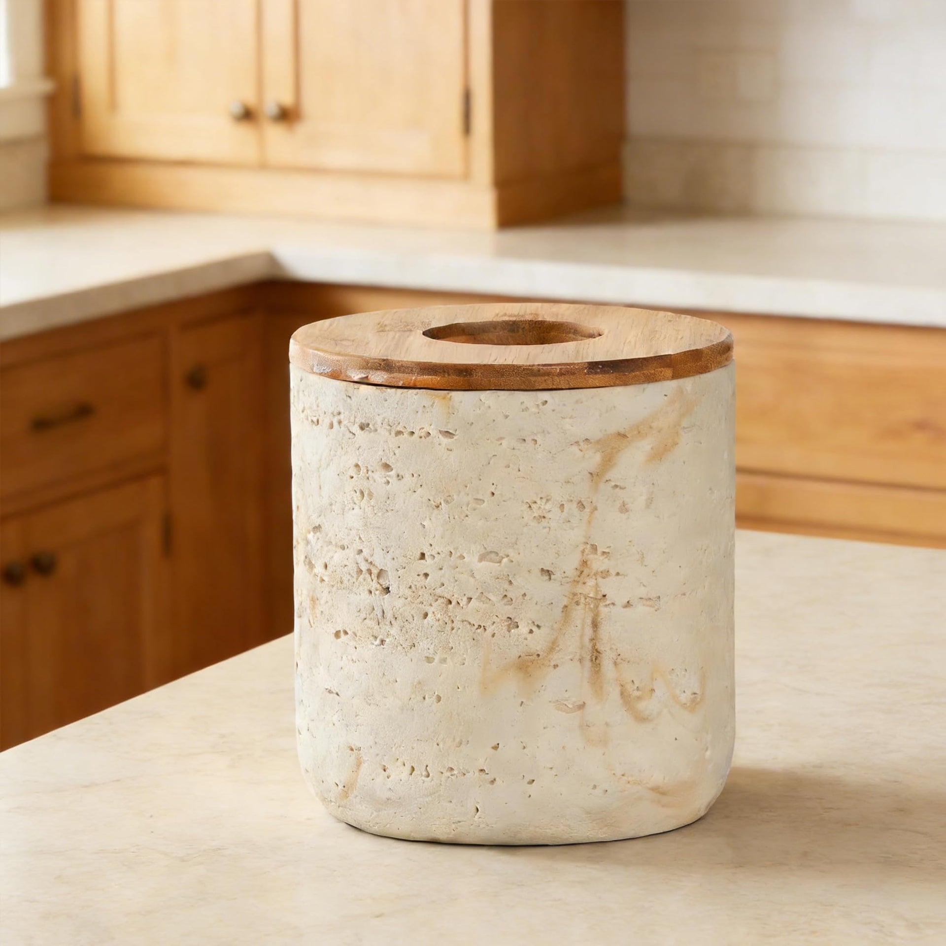 Natural Travertine Textures Beige Mini Trash Can with Bamboo Lid