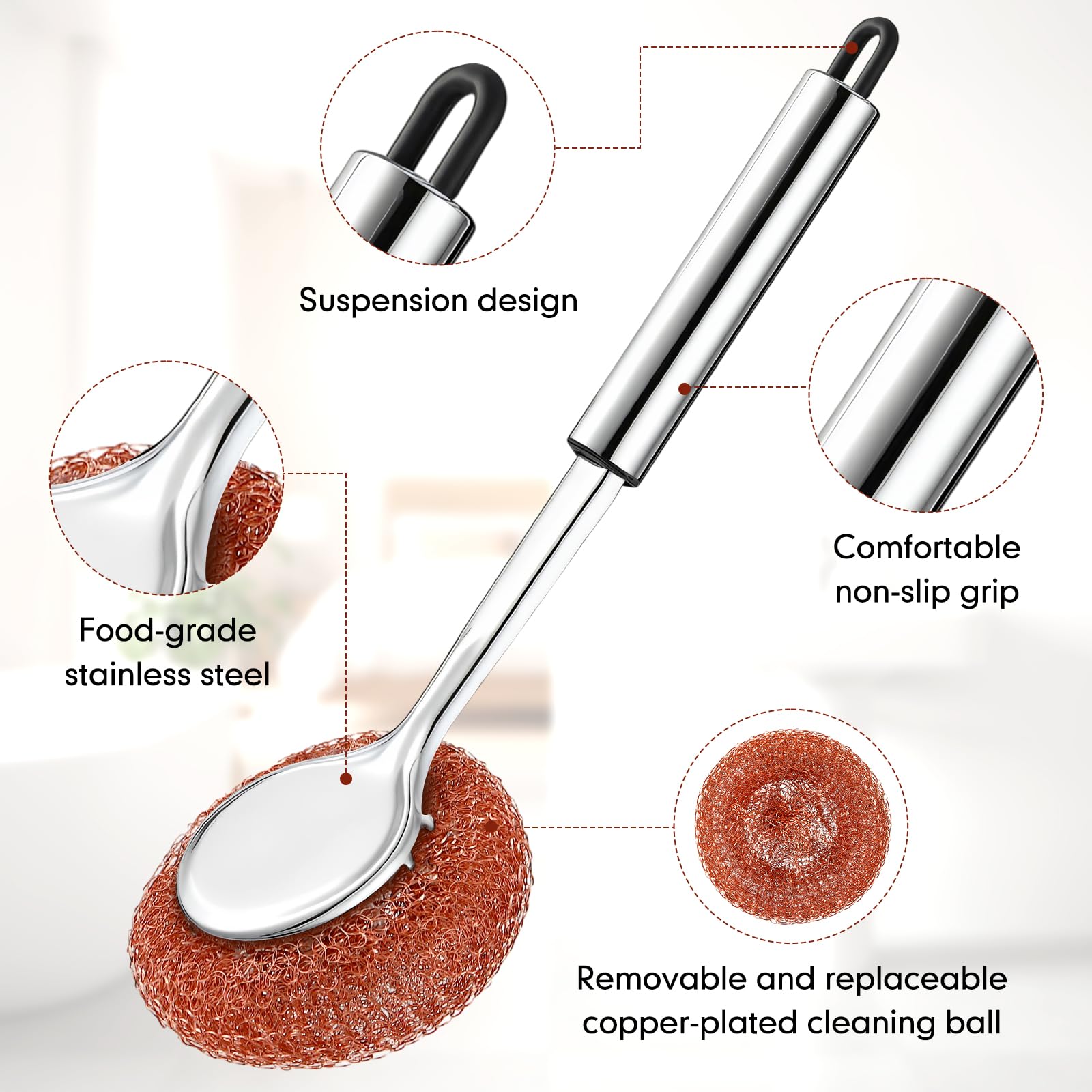5 Pcs Copper Coated Scourers Copper Scrubbing Pads Scouring Pads 1 PC Steel Wool Scrubber Dish Brush Set with Handle Deep Cleaning Scrubber Silver for Kitchen Cleaning Dishes Pots Pans (6 Count)