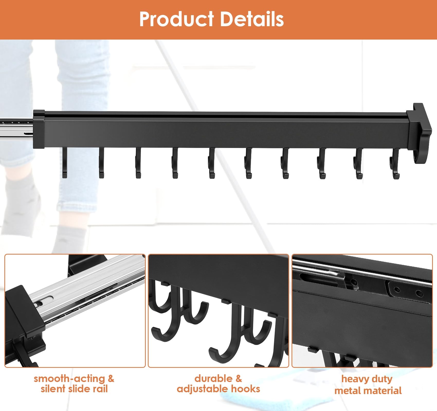 Pull out Mop and Broom Holder with 20 Sliding Hooks