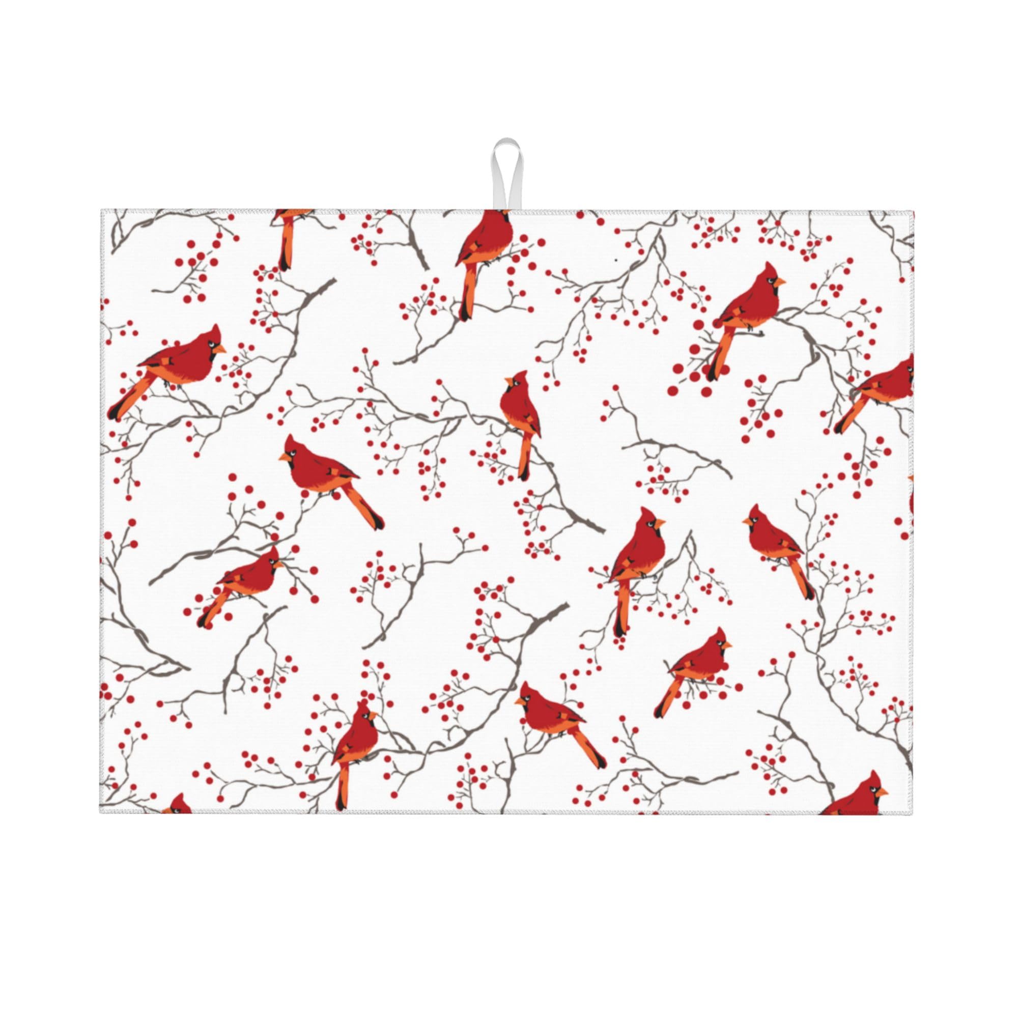 Cardinal Bird Red Berry Decor Microfiber Dish Drying Mat 18"x24"