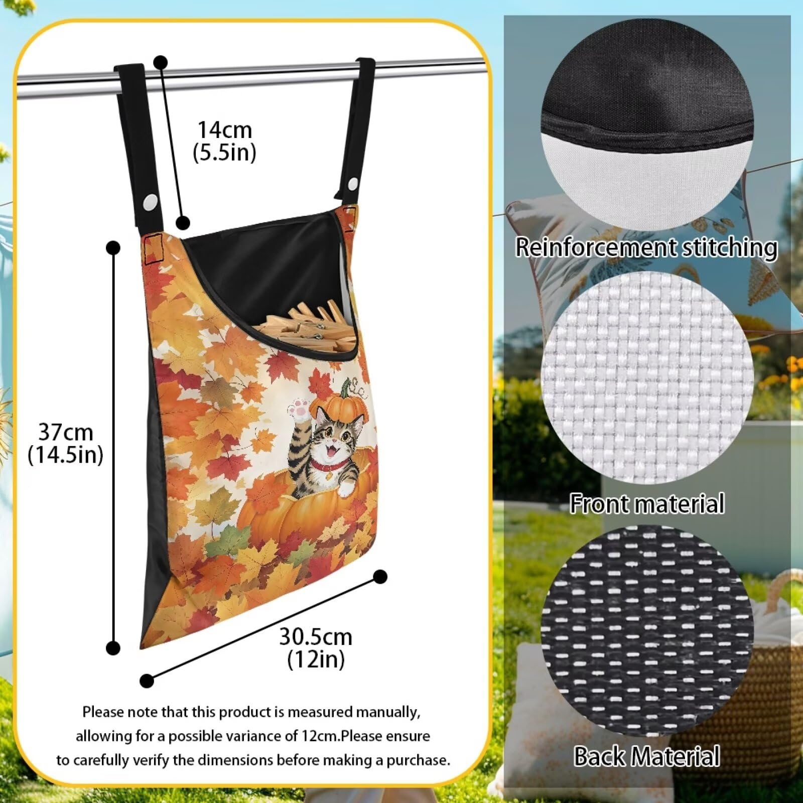 Fall Cat Pumkpin Clothespin Bags with Hanging Rope Maple Space