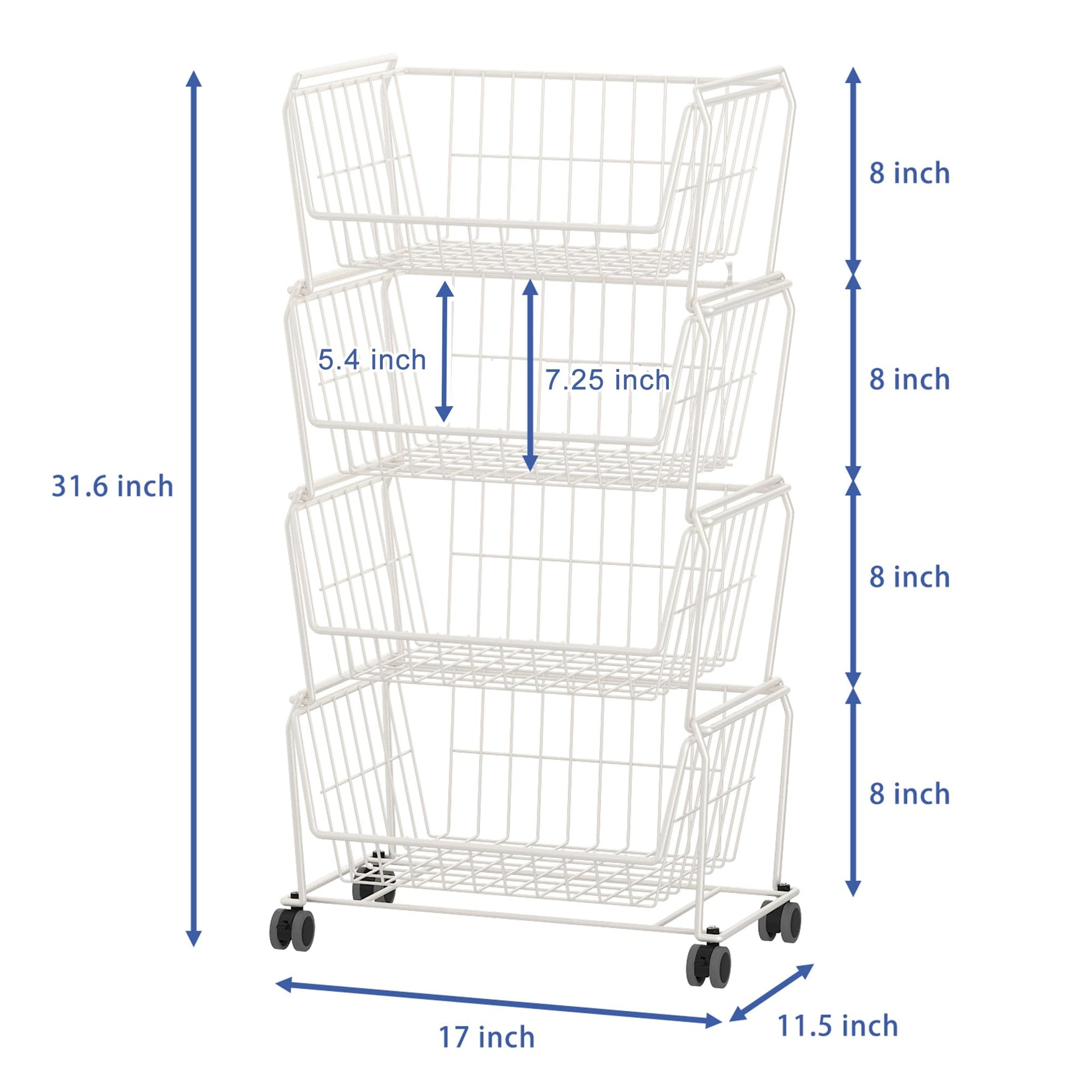 4 Tier Spacious Stackable Wire Storage Baskets with Wheels