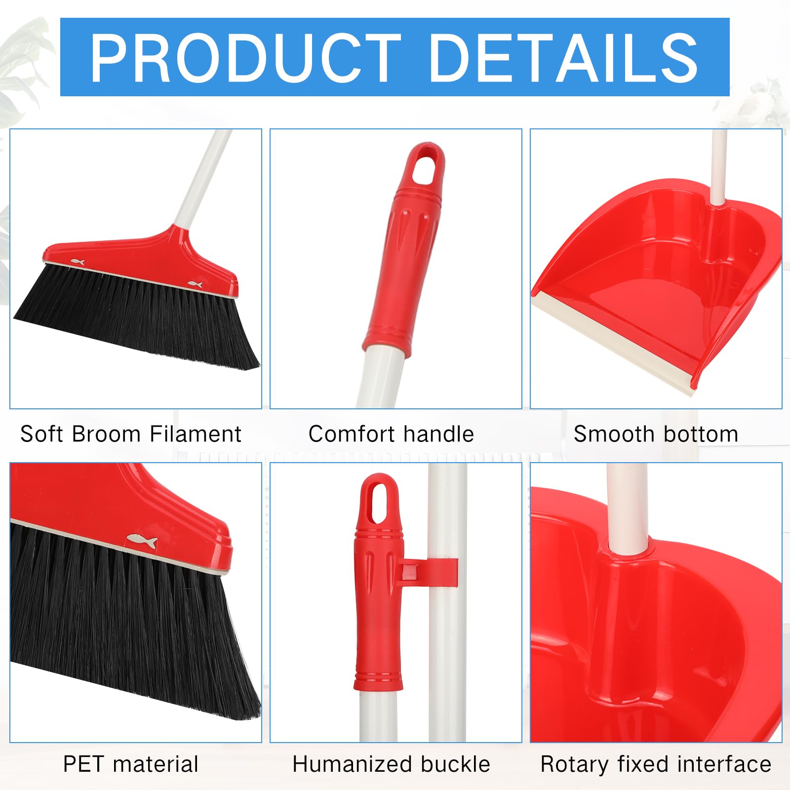 Set of 8 Broom and Dustpan Set Long Handle Broom with Upright Standing Dustpan Broom with Dustpan Combo Set Dust Pan with Long Handle for Lobby Kitchen Office Floor Outdoor Cleaning