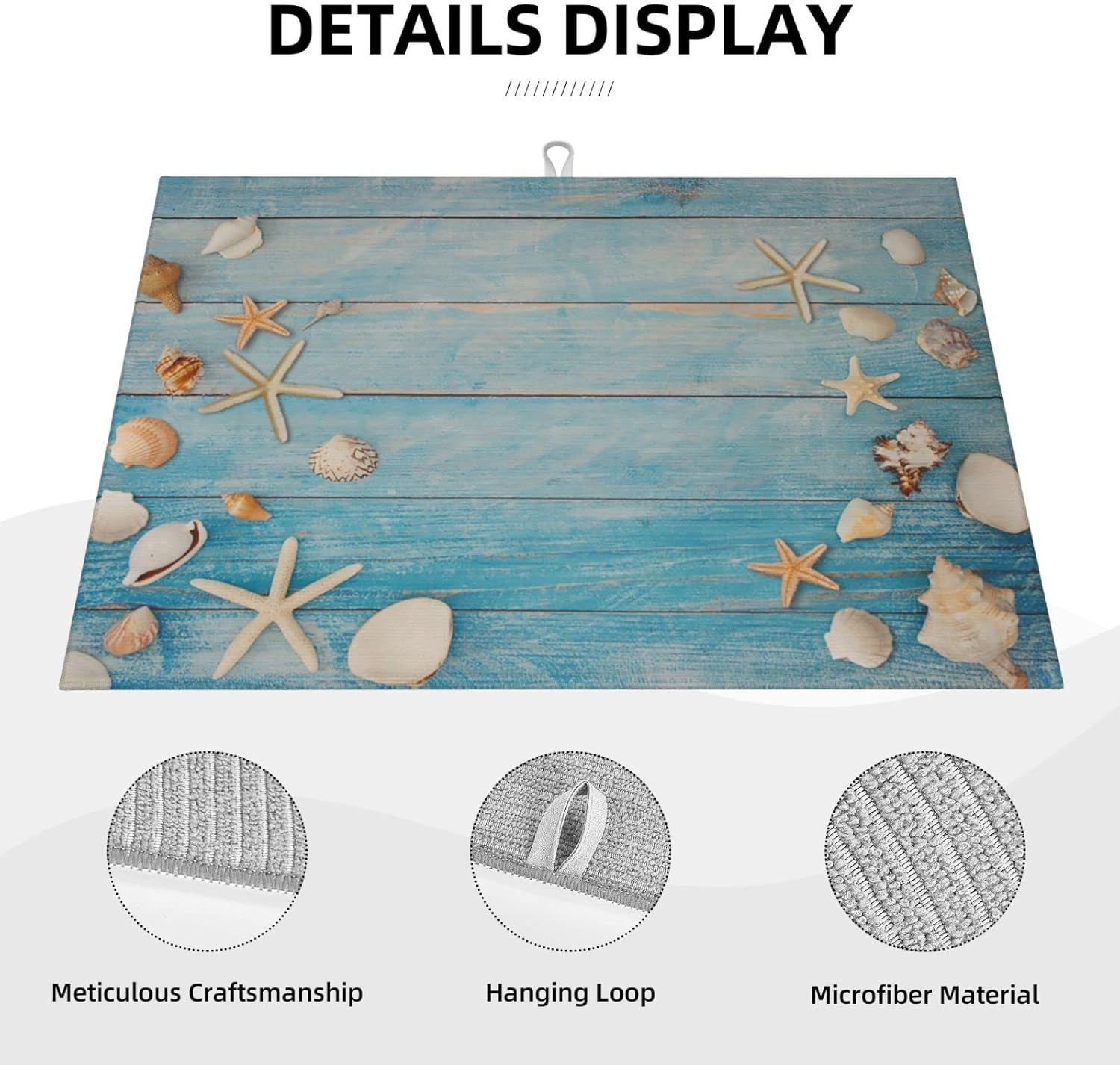 Seashells Starfish On Blue Wood Absorbent Microfiber Xl Dish Drying Mat For Kitchen Countertop Extra Large Reversible Drainer Rack Pad 18 X 24 Inch