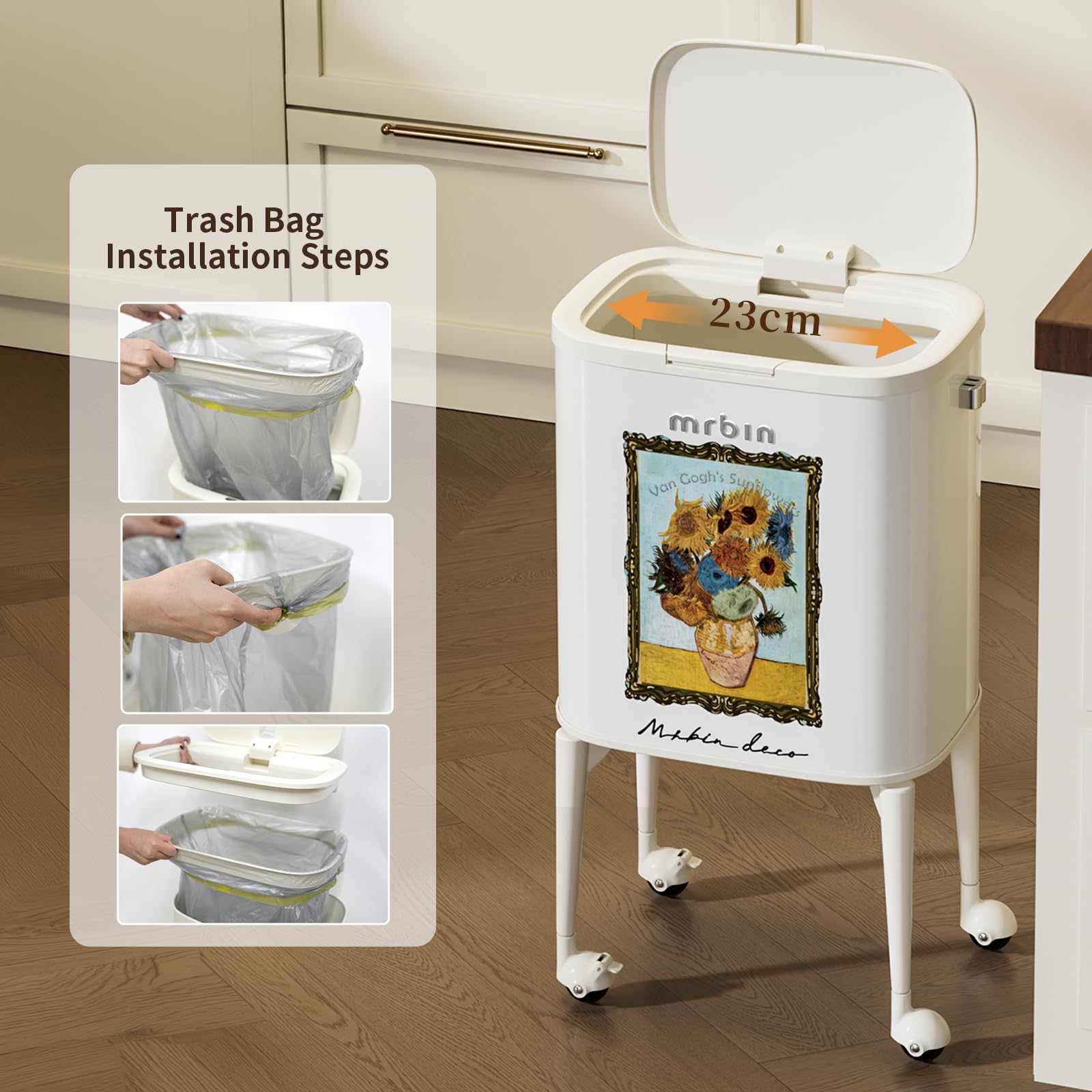 23L Art Decor Trash Can with Wheels
