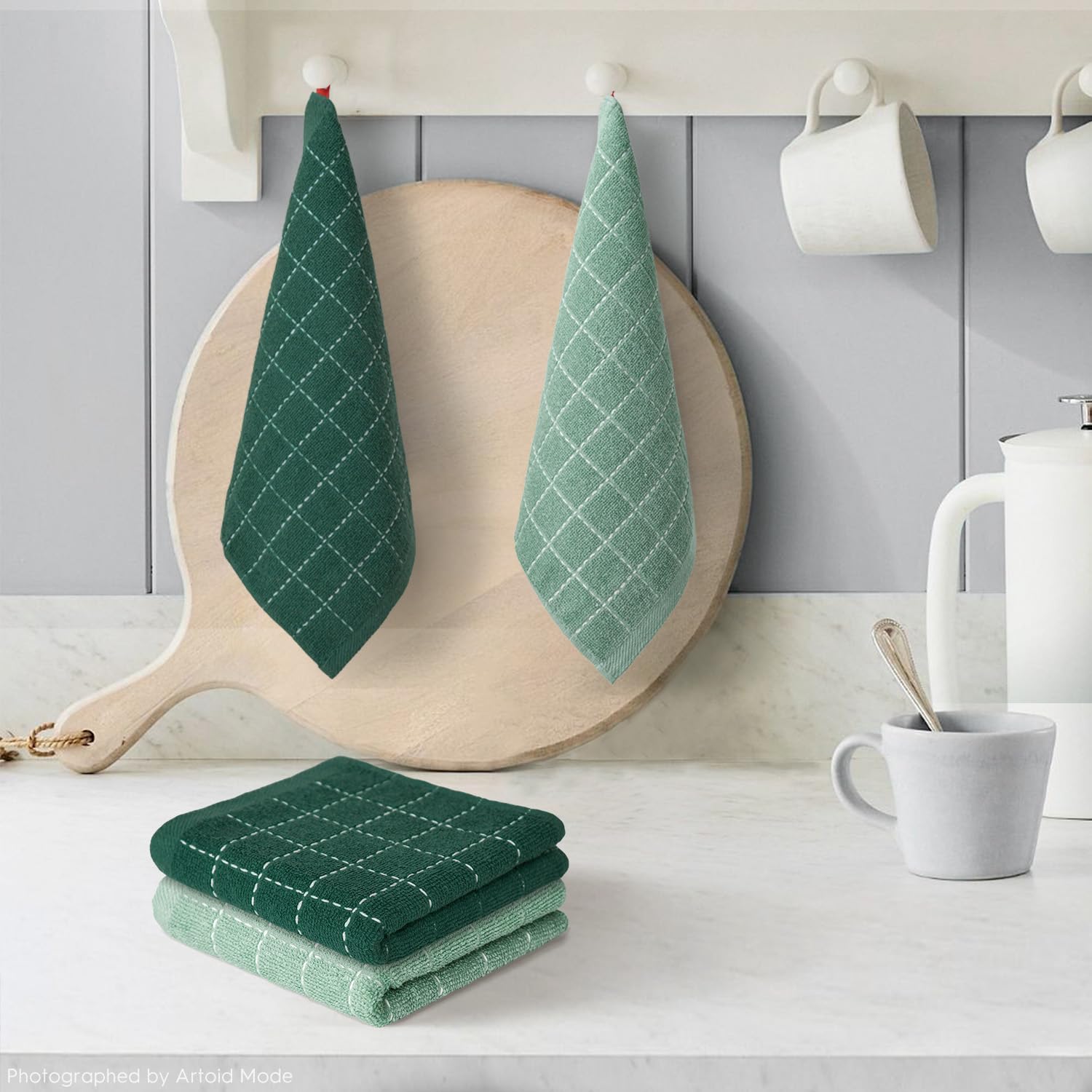 Checkered Designed Cotton Dark Green Terry Kitchen Dish Cloths (6 Count)