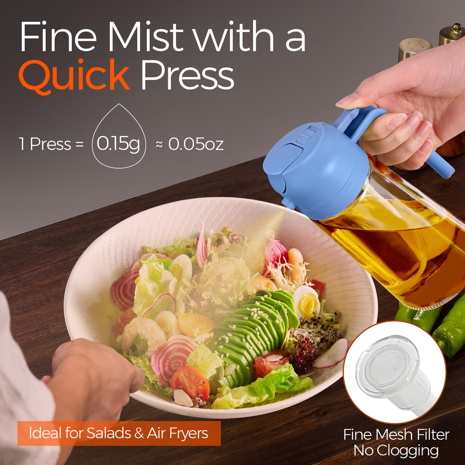 16 oz 2-in-1 Glass Olive Oil Sprayer for Cooking, SkyBlue