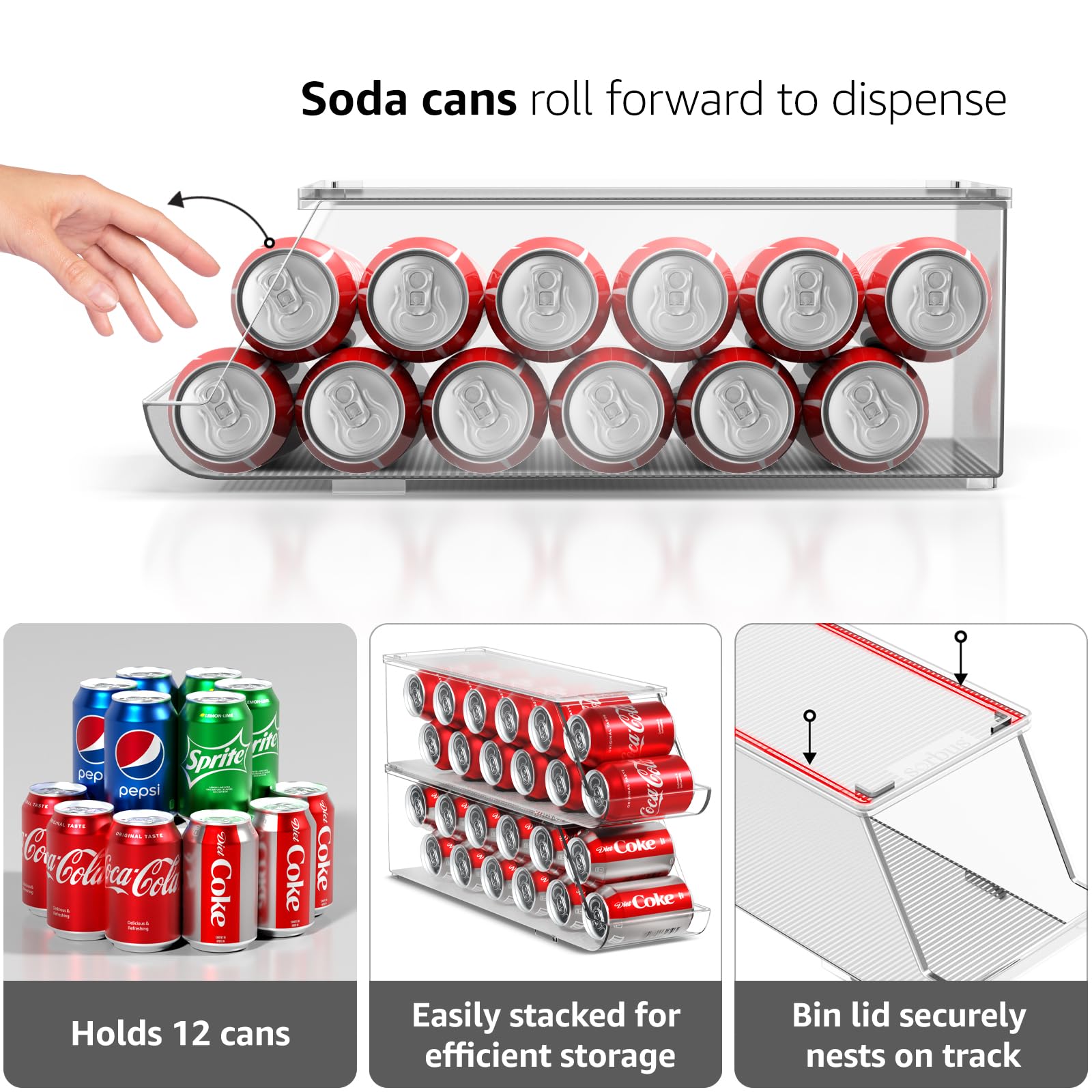 Soda Can Organizer for Refrigerator Stackable Can Holder Dispenser with Lid for Fridge (2 Count)
