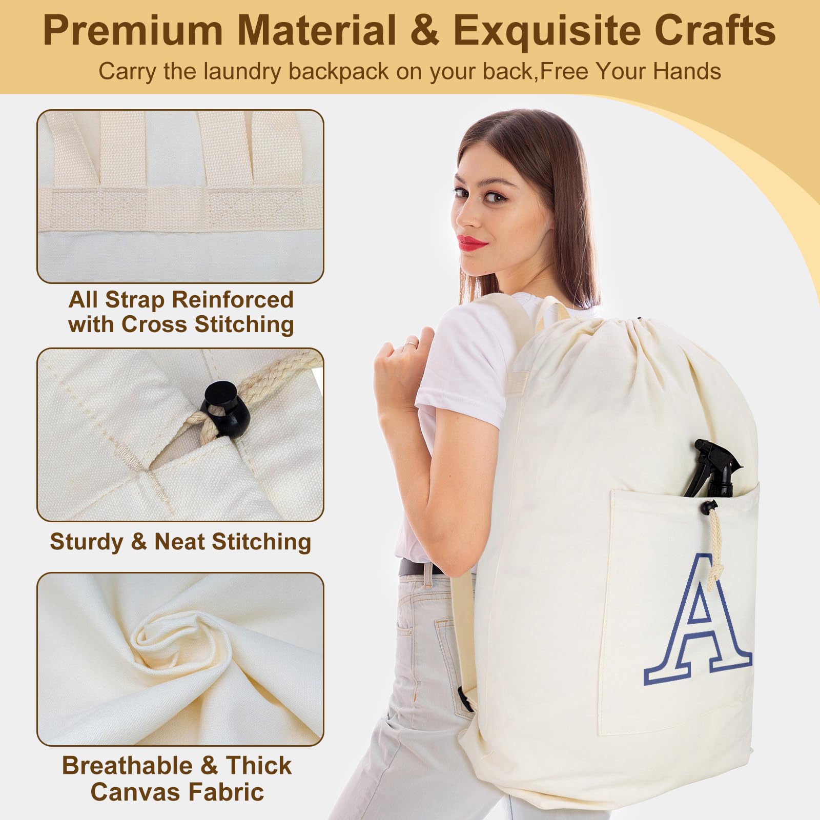 Laundry Bag Backpack Personalized Initial Design Canvas Laundry Bag with Straps & Drawstring Closure Dirty Cloth Hamper Bag for College