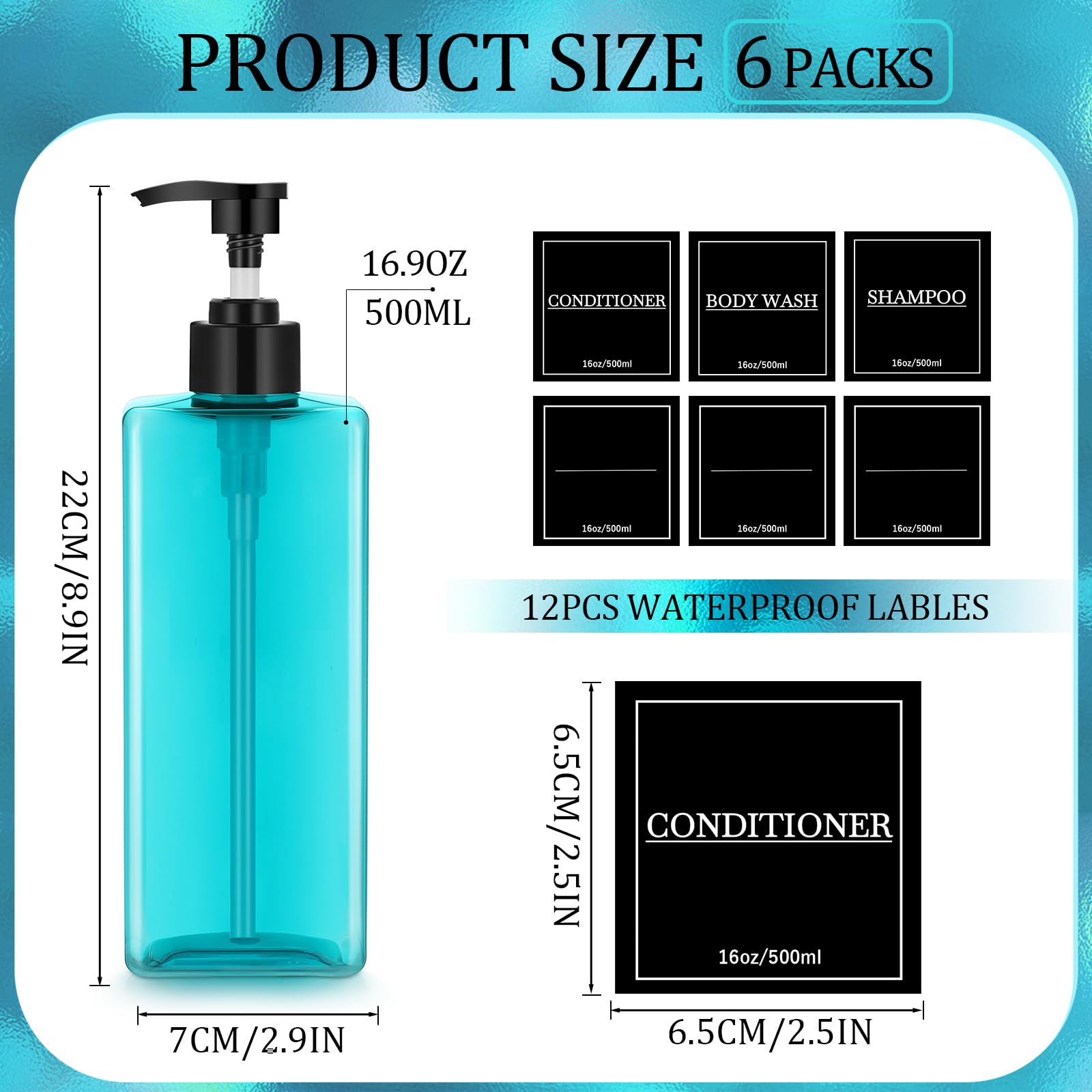 6 Pieces Shampoo and Conditioner Dispenser Bottles 16oz Modern Shower Soap Bottles with Pump (6 Count)