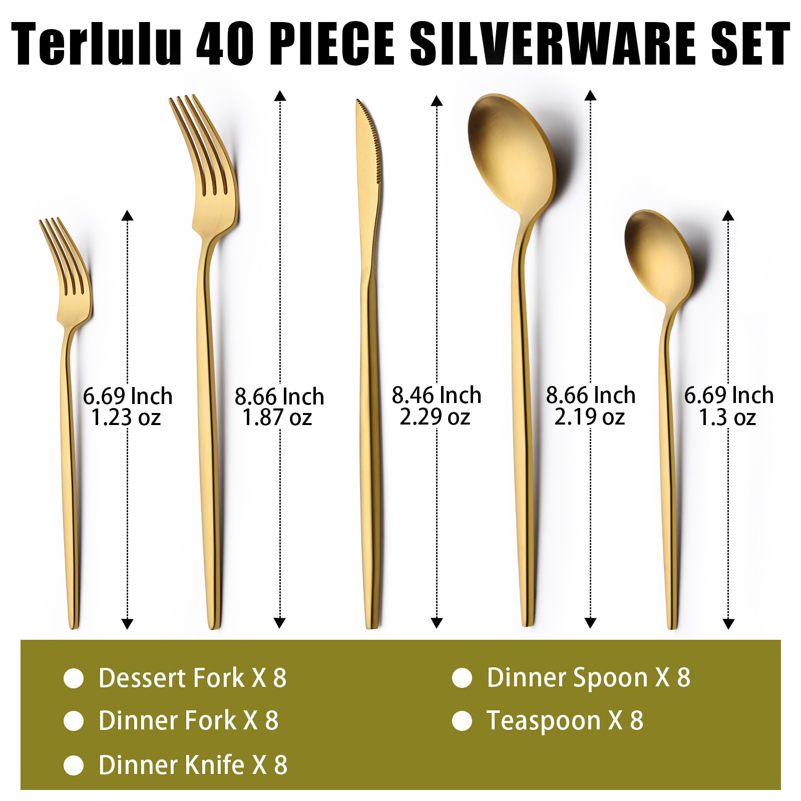 40 Piece Gold Silverware Set for 8