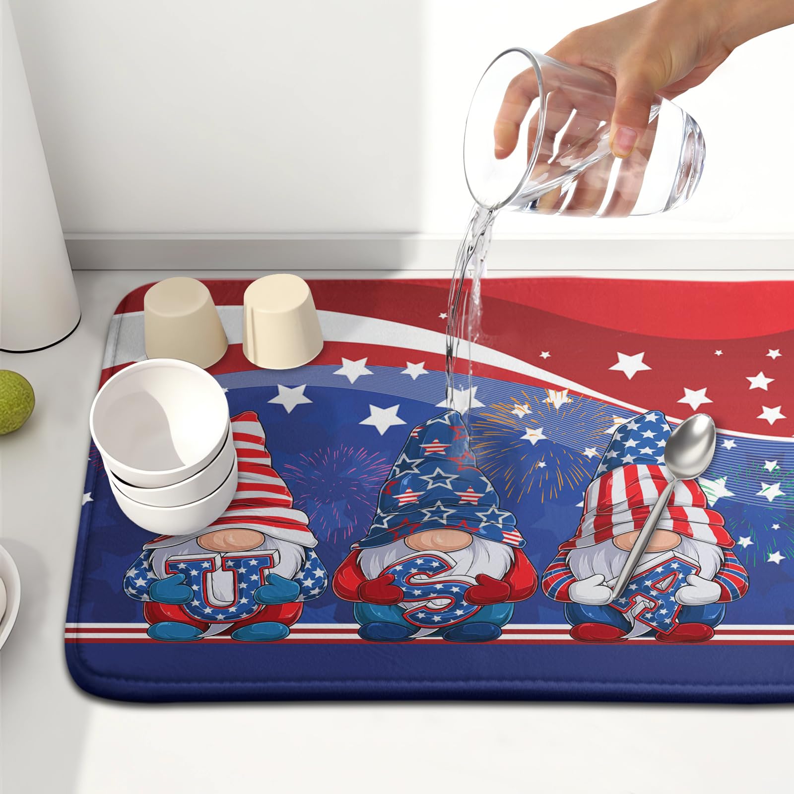 4th of July Dish Drying Mat 16x18 Inch Spring Summer Patrioti Gnome Memorial Kitchen Mats Independece Day Absorbent Dishes Pad for Kitchen Counter Usa Stars Drying Mat Home Decor Countertops
