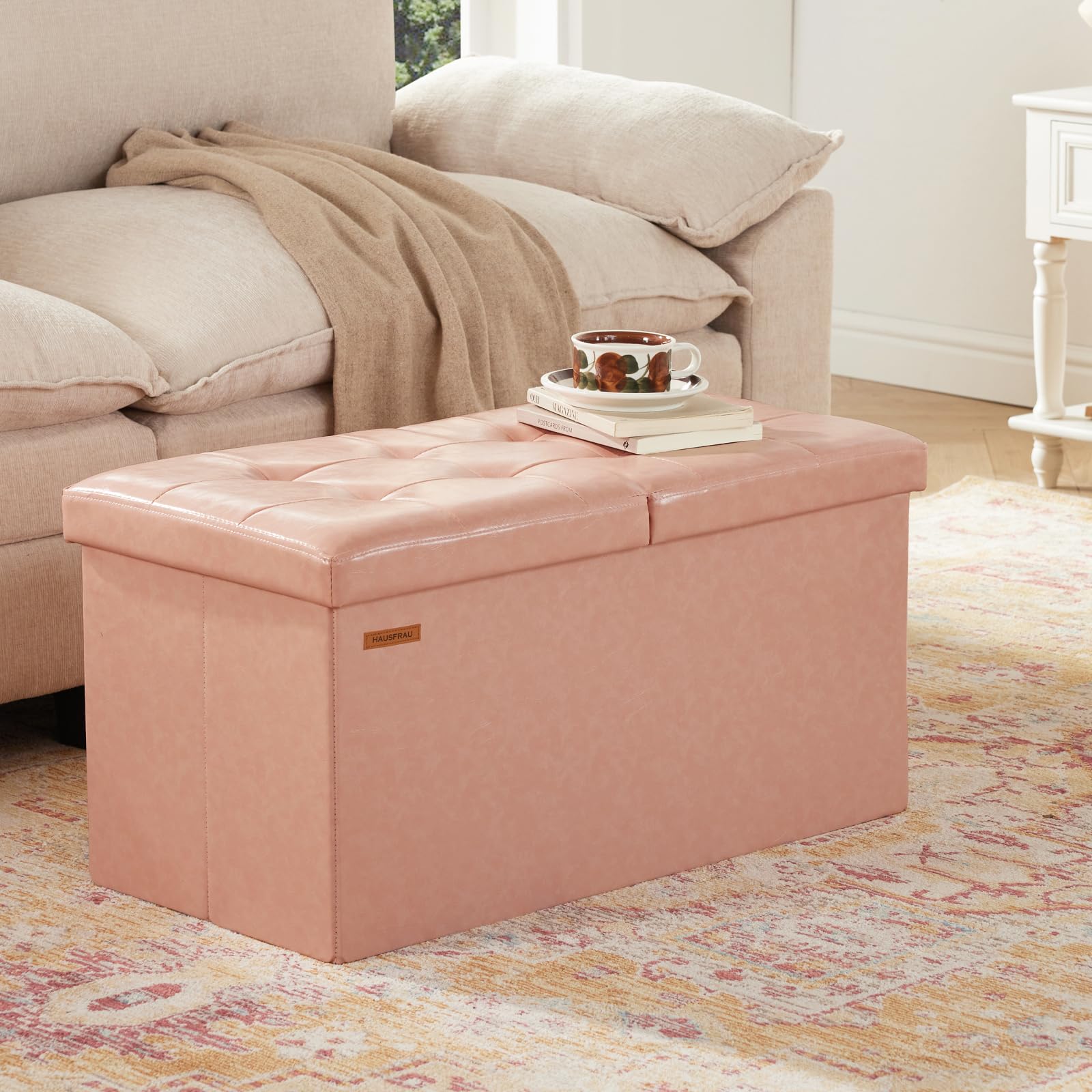 Ottoman with Storage Bench Folding Foot Rest Stool Pink