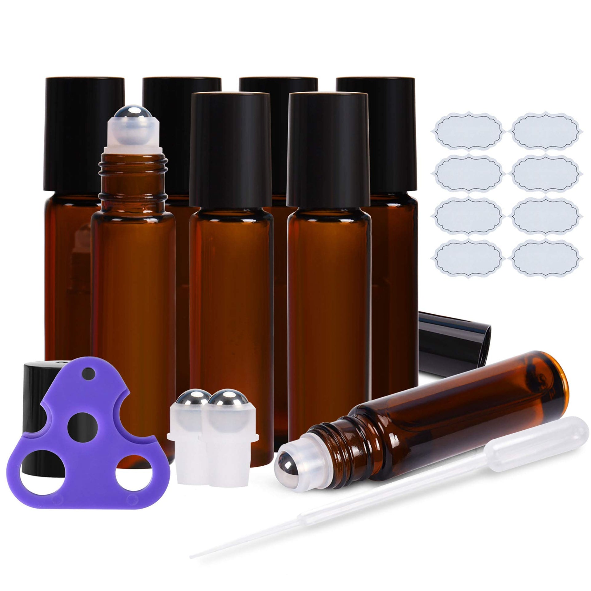 Roll on Bottles 10ml Amber Glass Empty Bottles 8 Piece with Stainless Steel Roller Ball 2 Extra Balls 8 Piece Waterproof Labels 1 Opener and 3ml Dropper for Essential Oils (8 Count)