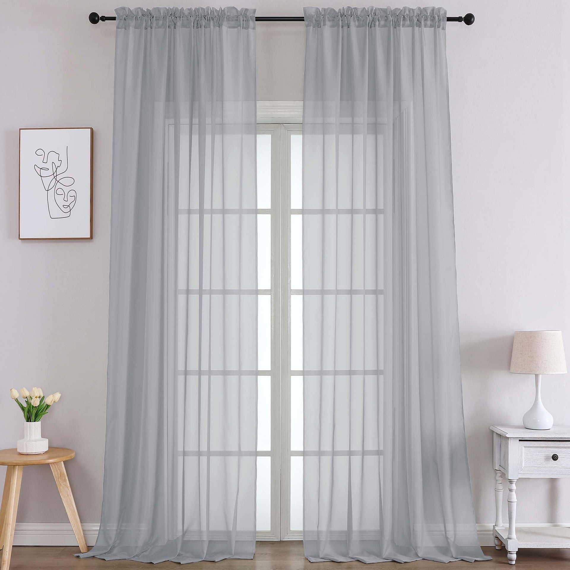 Extra Long Light Grey Sheer Curtains 120 Inches Long 2 Panels