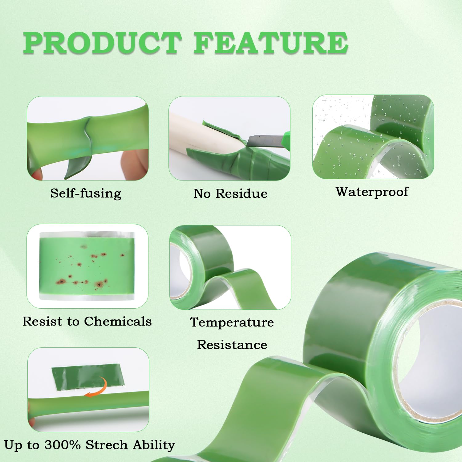 Self Fusing Silicone Tape 2 Rolls 1 in x 5' Green Waterproof Rubber Leak Proof Sealing Rubber Self