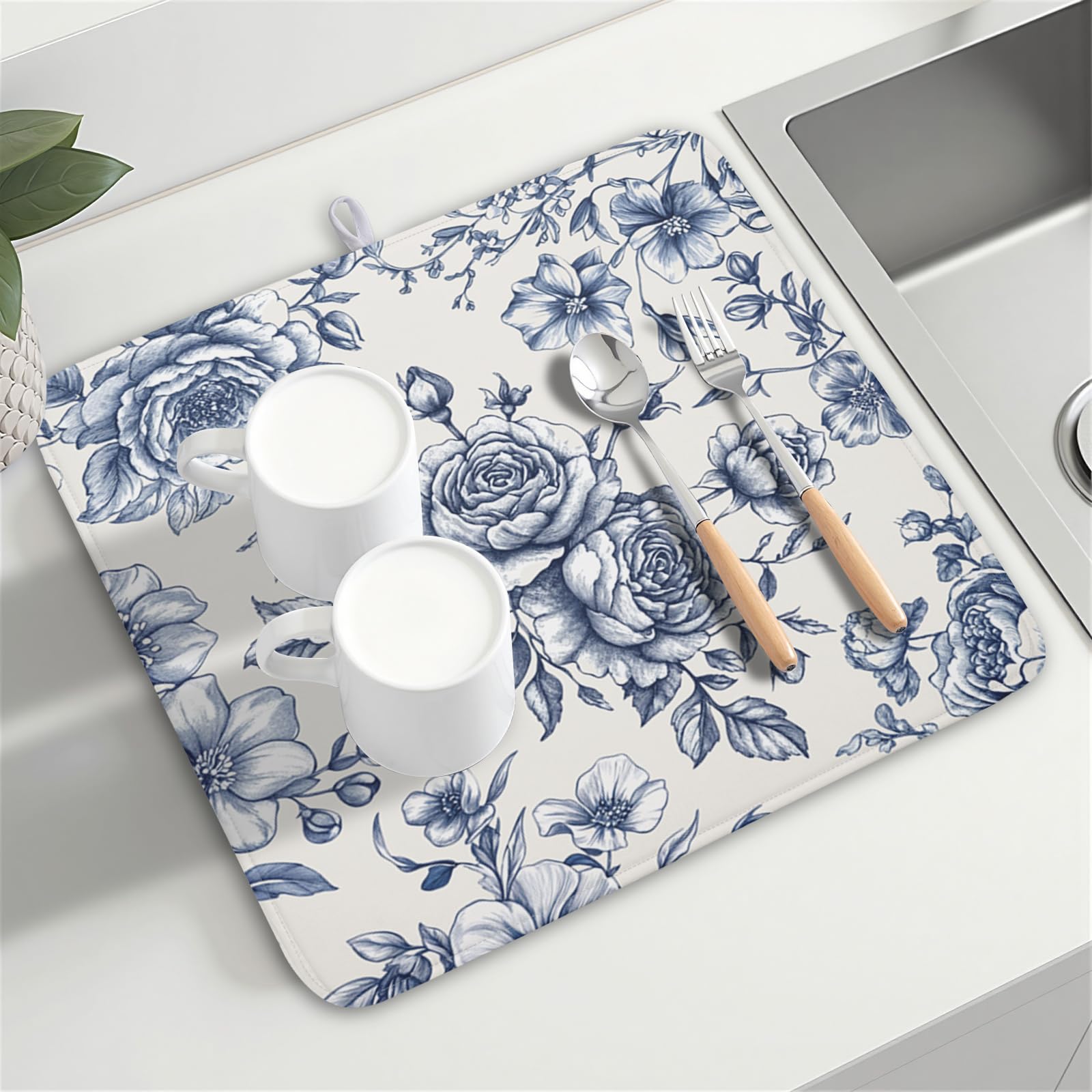 Vintage Floral Dish Drying Mat for Kitchen Counter Blue Floral Chinoiserie Pattern Dish Drying Pad 16x18 In Absorbent French Farmhouse Decor Dishes Drainer Pad Dish Dry Rack Mat for Counter Coffee Bar