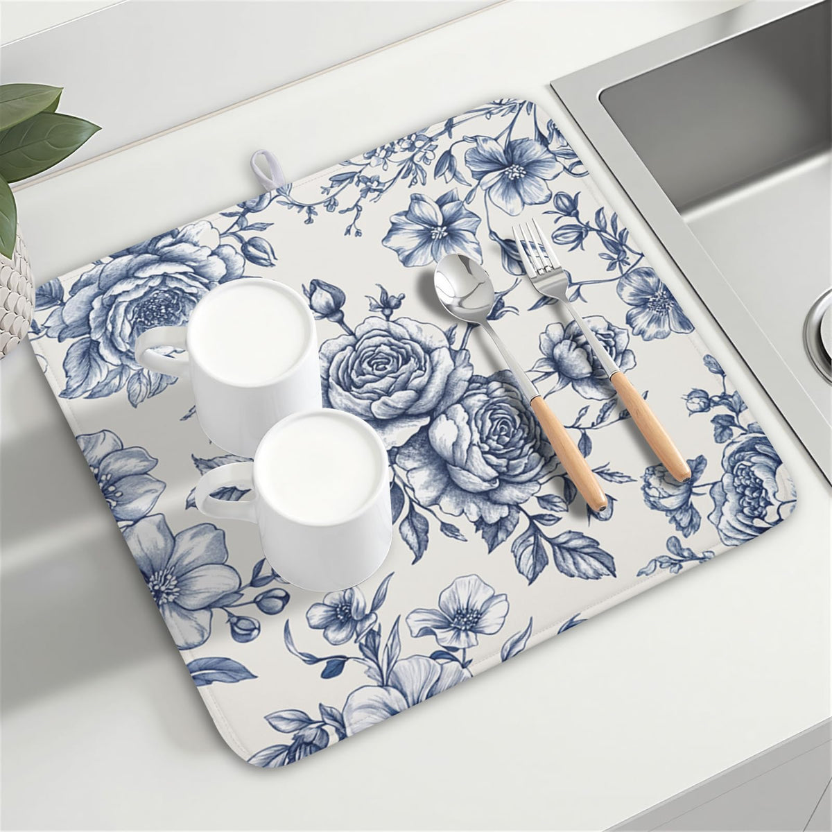 Vintage Floral Dish Drying Mat for Kitchen Counter Blue Floral Chinoiserie Pattern Dish Drying Pad 16x18 In Absorbent French Farmhouse Decor Dishes Drainer Pad Dish Dry Rack Mat for Counter Coffee Bar
