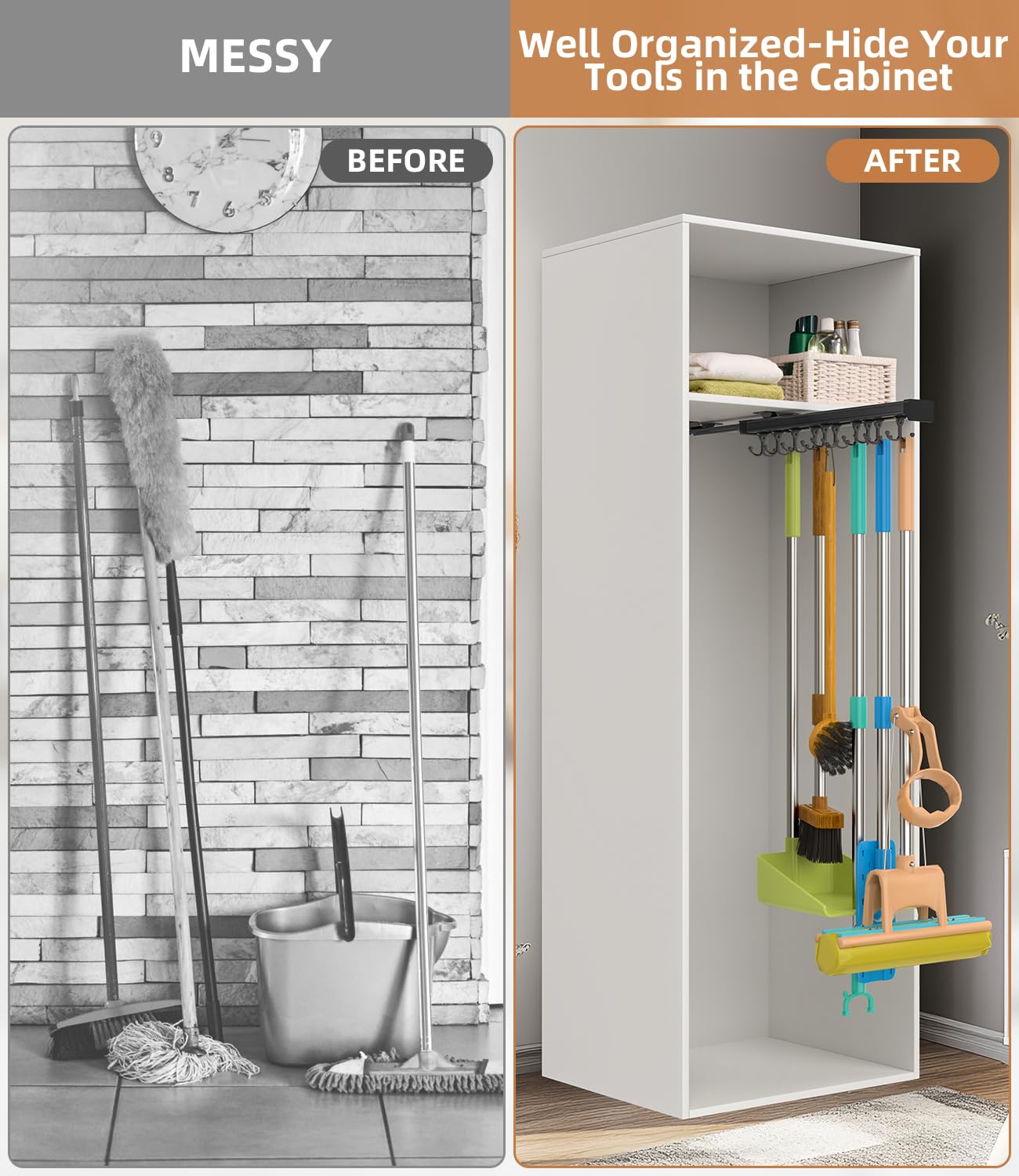 Pull Out Broom Holder With Adjustable Double Row Sliding Hook
