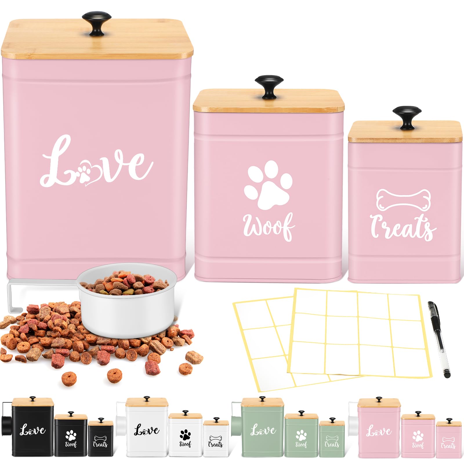 Metal Dog Treat Containers Set of 3 with Bamboo Lids and Spoon Airtight 7+3+2 lbs Dog Food Snack Jars with DIY Labels Big Pet Cookie Storage Jar for Kitchen Counter (3 Count)
