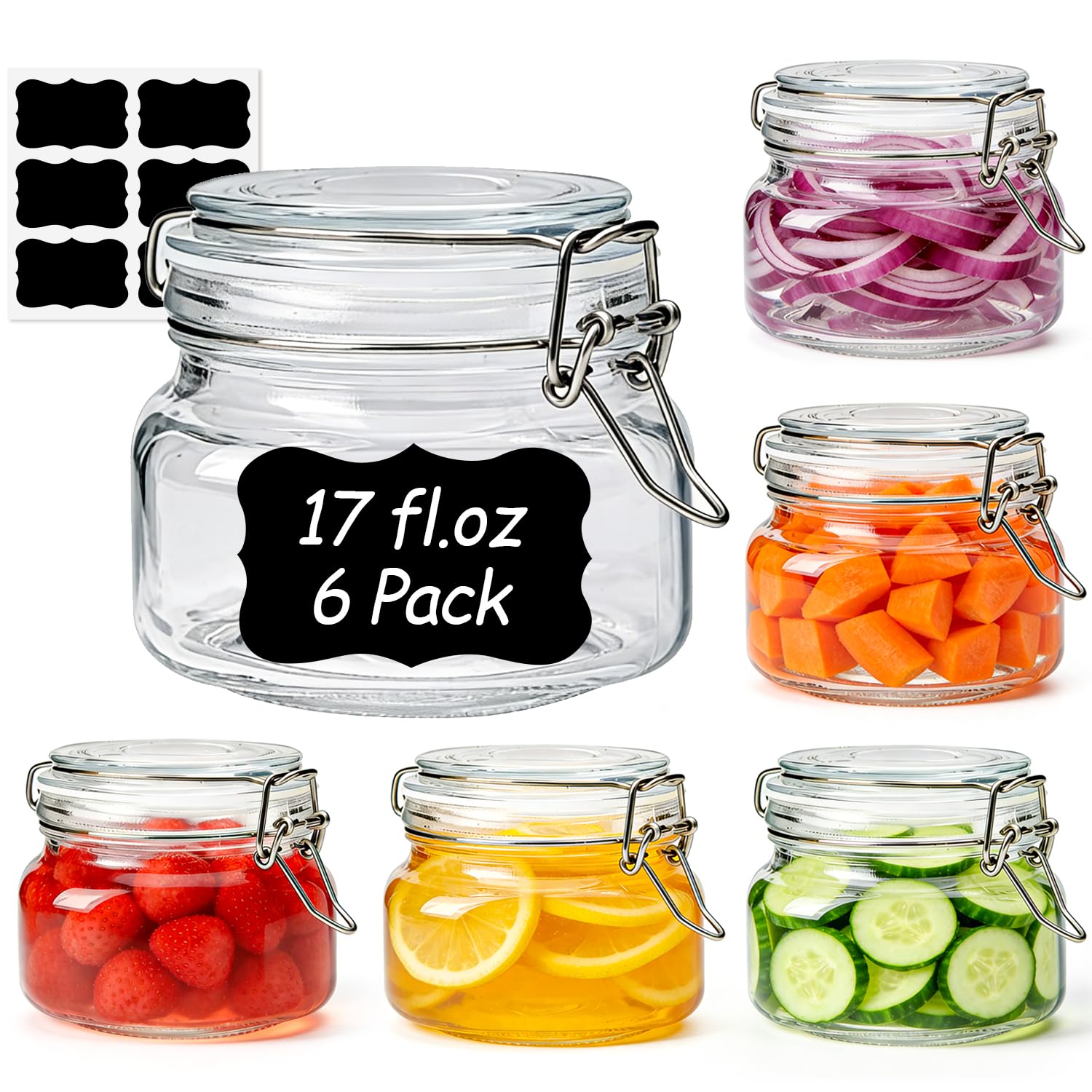 Square Small 17 oz Glass Jars with Airtight Lids 6 Pack Wide Mouth (6 Count)