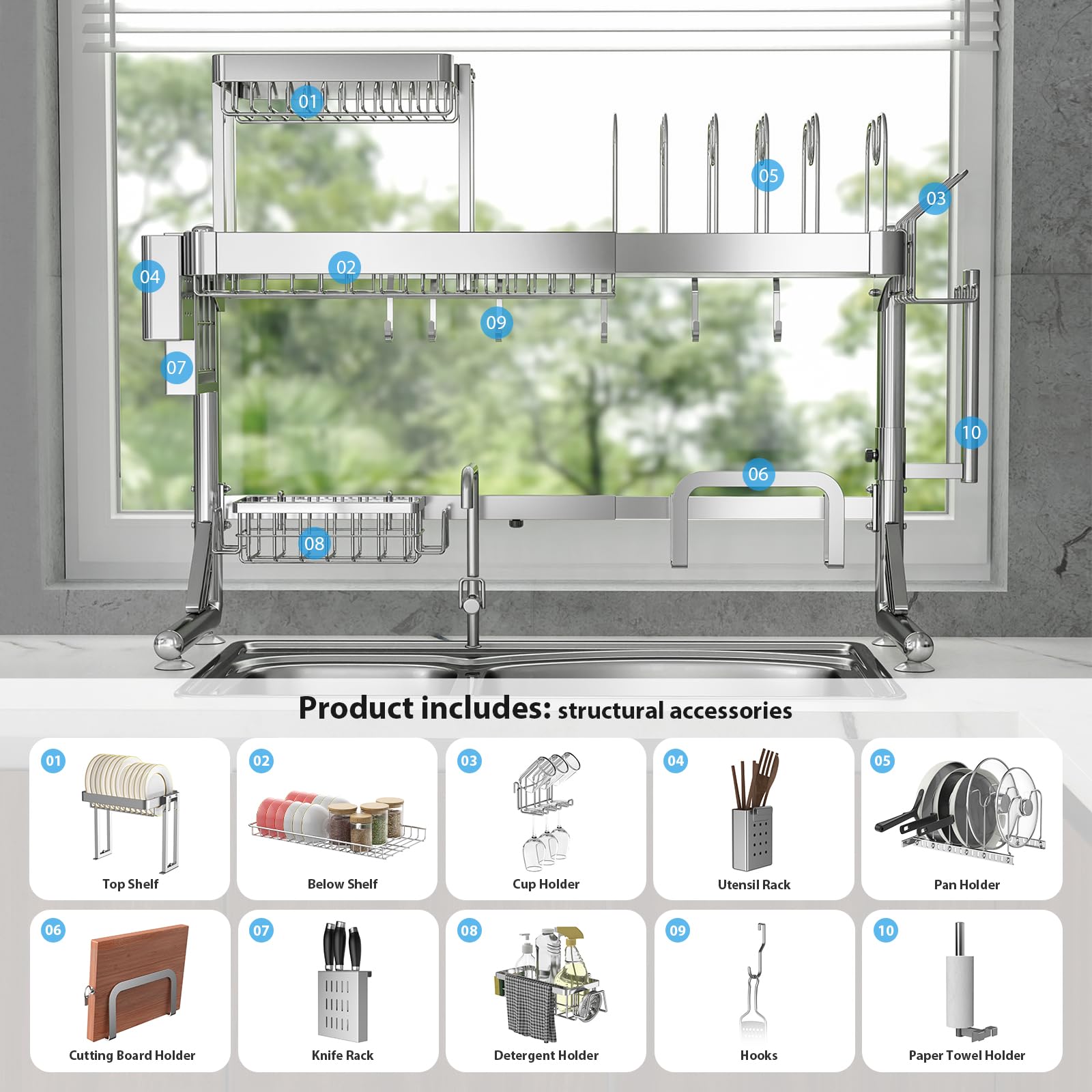 Upgrade 3 Tier Over Sink Dish Drying Rack Adjustable Width