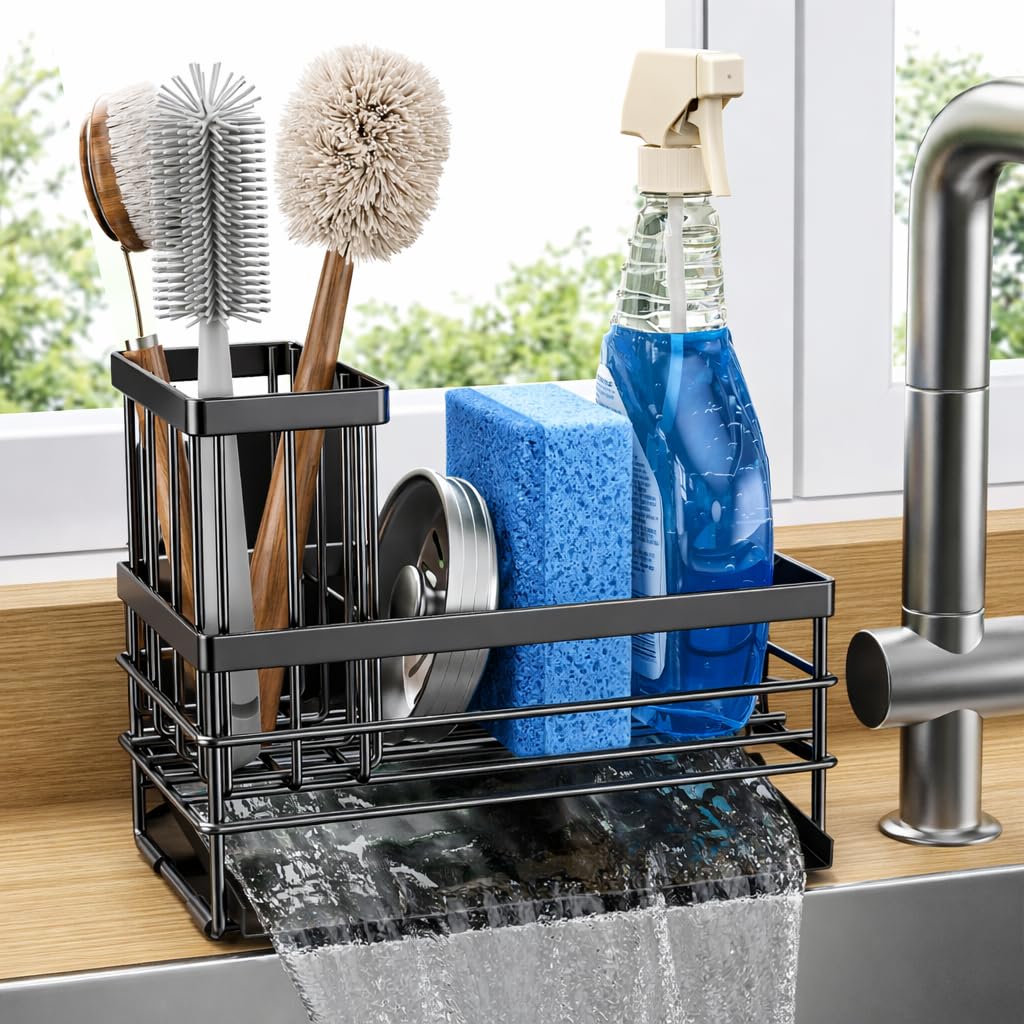 Sink Caddy Sponge Holder for Kitchen with Brush Holder and Stainless Steel Self Drain Tray