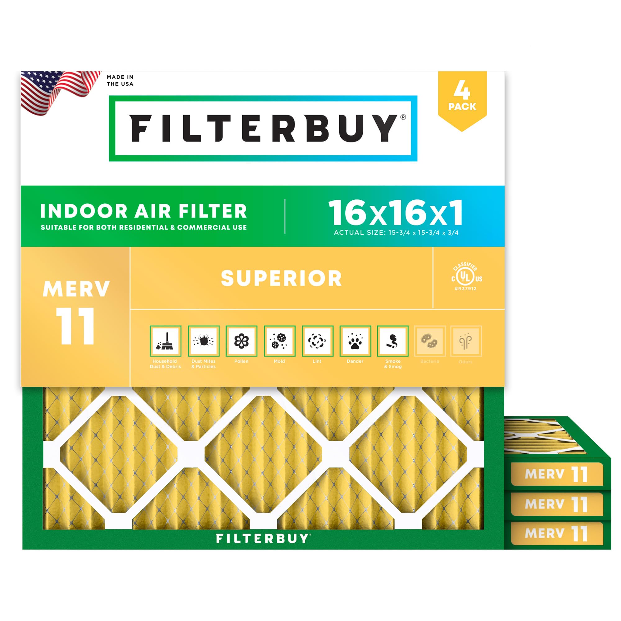 16x16x1 Air Filter MERV 11 Pet & Allergy Defense (4 Count)