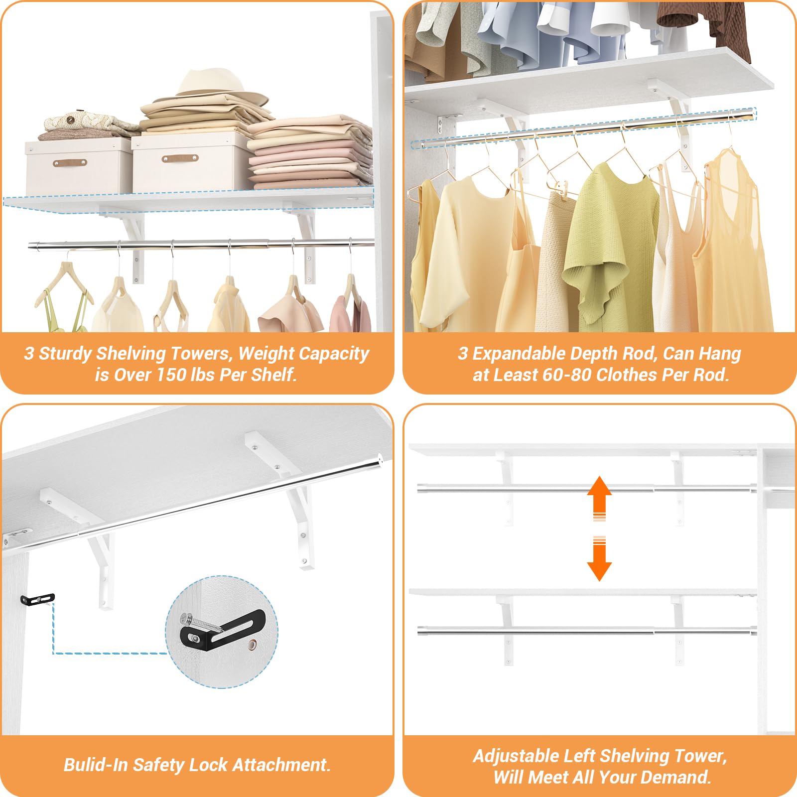 8FT Closet System with 3 Wooden Storage Shelves