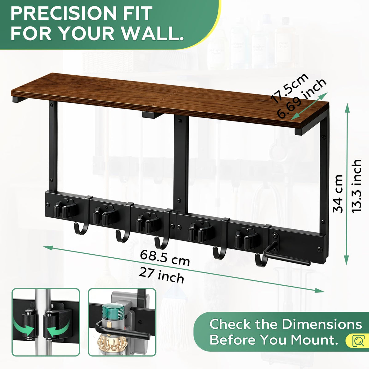 Heavy Duty Broom Holder Wall Mount with Cleaning Supplies Organizer