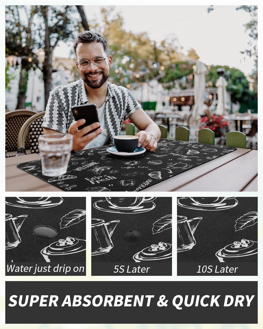 Coffee Mat Hide Stain Rubber Backed Absorbent Dish Drying Mat for Kitchen Counter