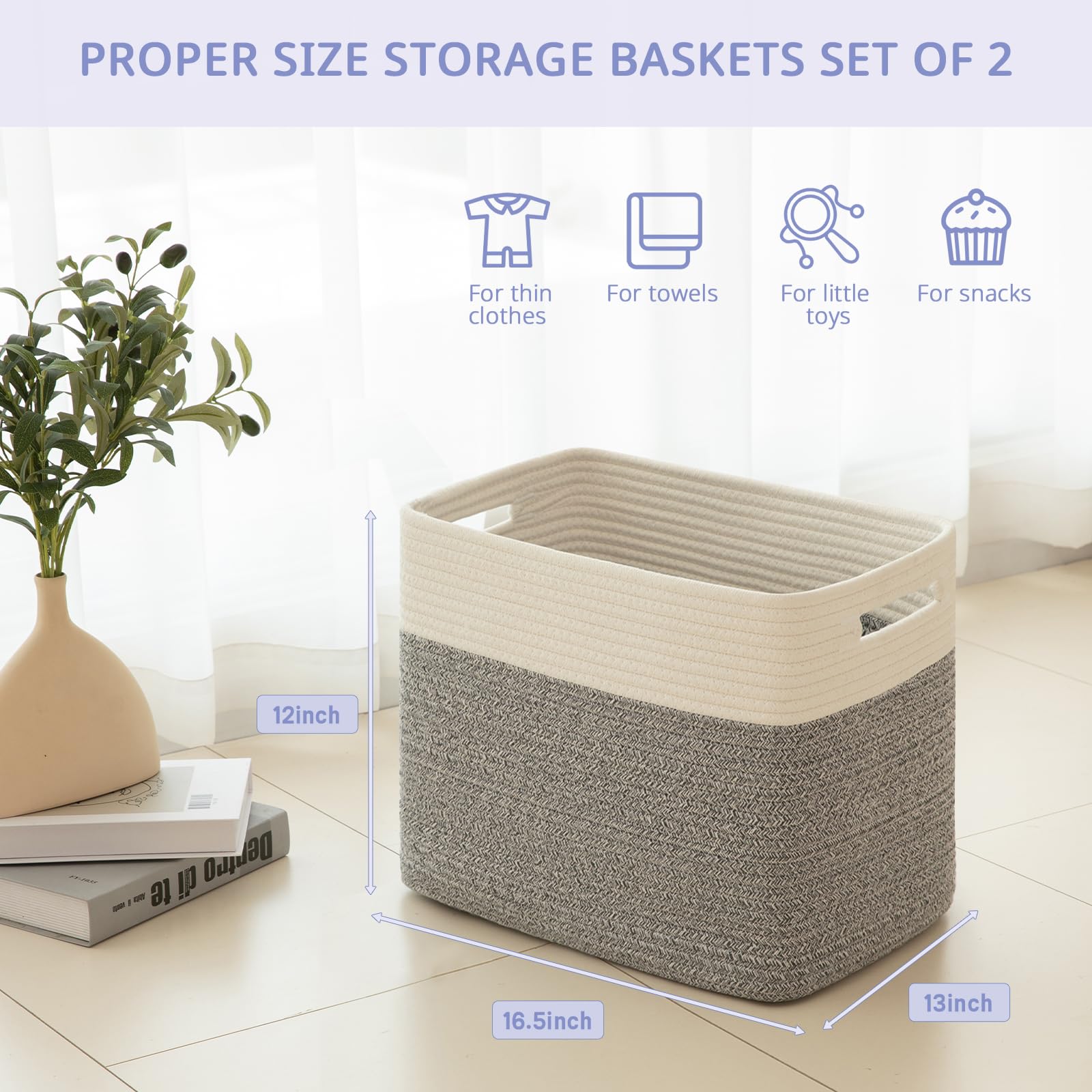 2 PACK Tall Storage baskets 42L Blanket Basket Living Room Grey (2 Count)