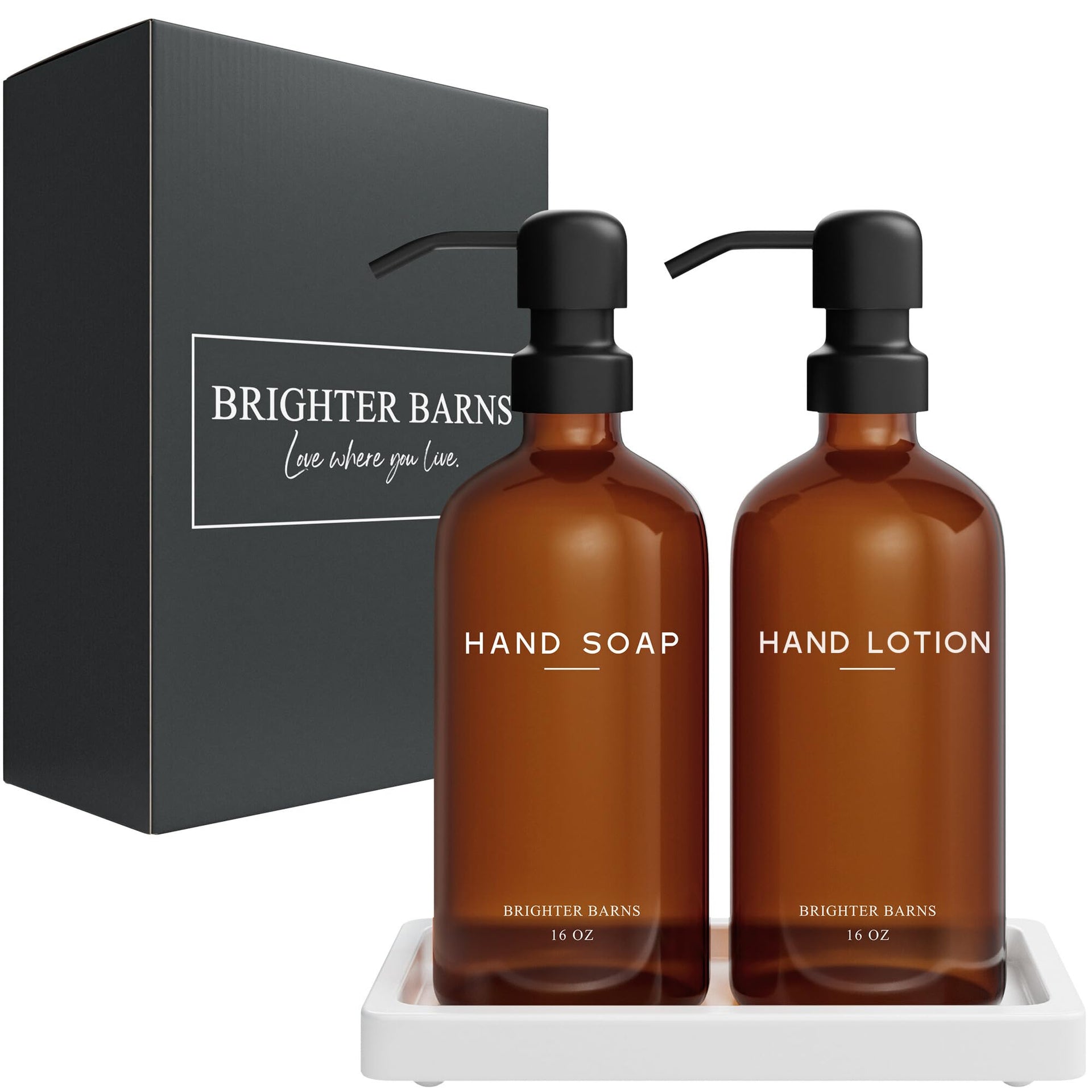 Amber Glass Soap and Lotion Dispenser Set with Tray by Brighter Barns