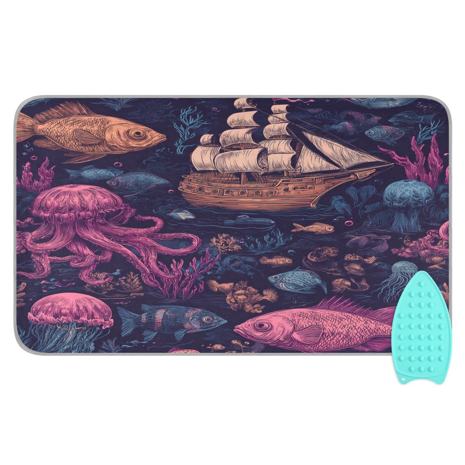 Red Blue Pirate Ship and Fish Ironing Mat Thickened Ironing Blanket Travel Portable Double