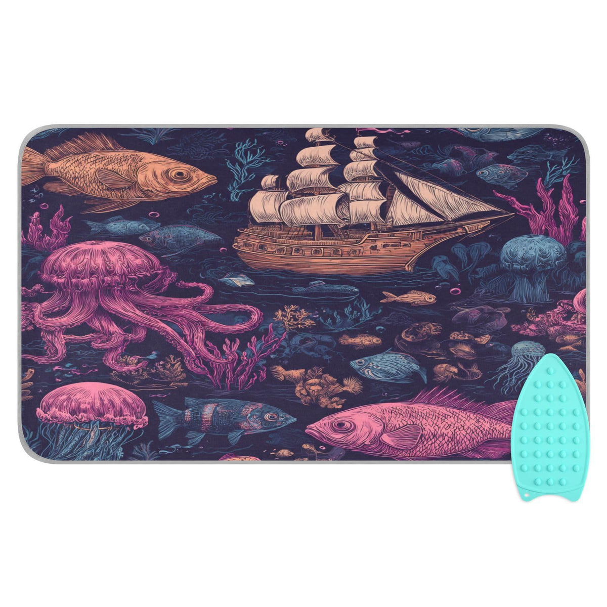 Red Blue Pirate Ship and Fish Ironing Mat Thickened Ironing Blanket Travel Portable Double