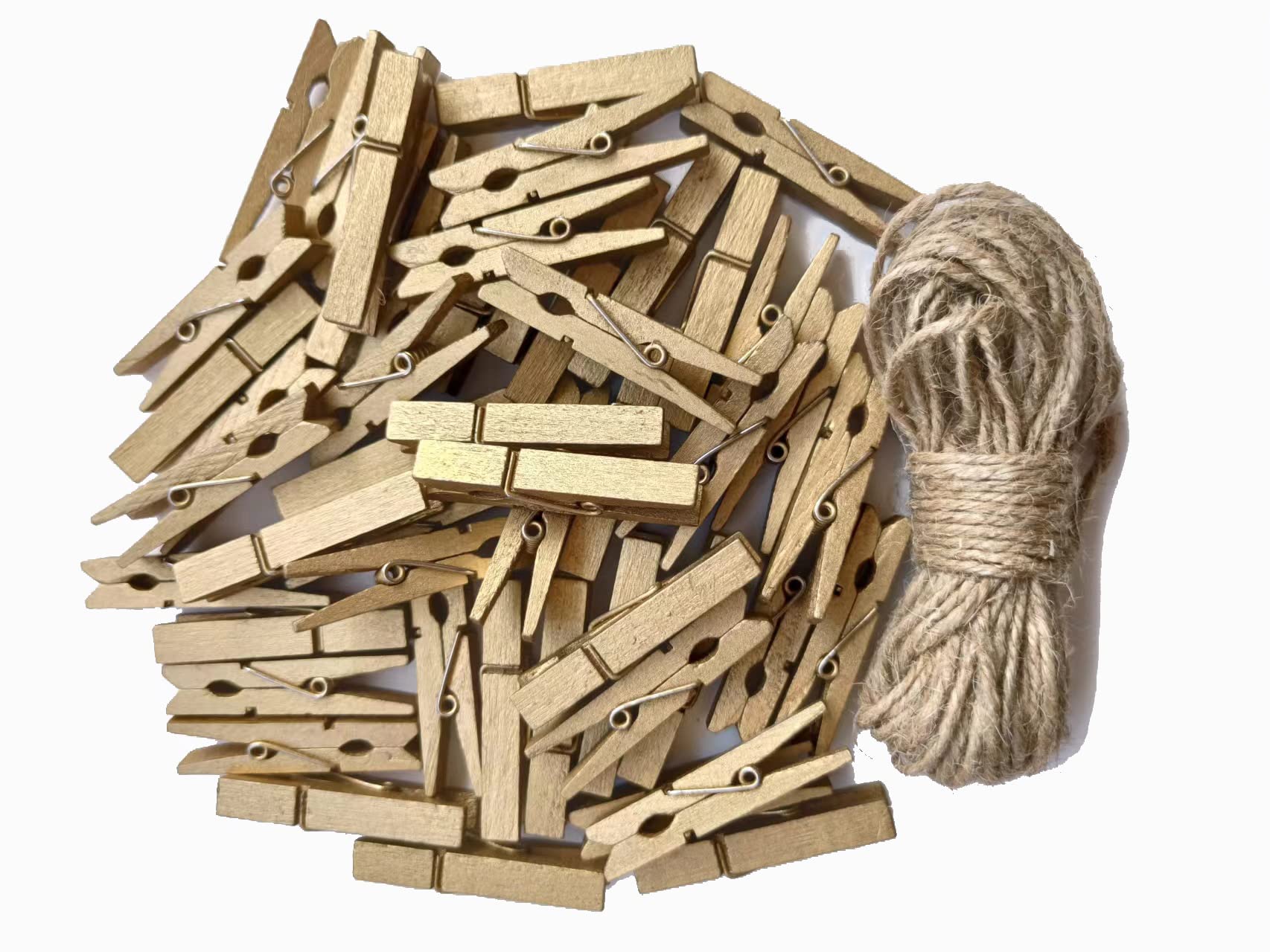 1.9 in Gold Clothespins Art Hanging Kit Kids Artwork Picture Party Xmas Decor Clothing Clamps with Jute Twine Pack 50 (50 Count)