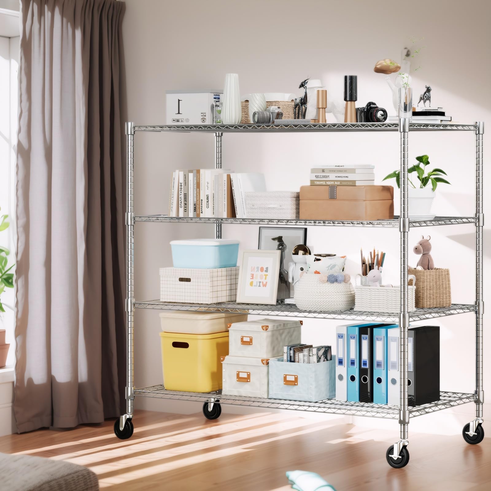 4 Tier Wire Shelving with Wheels Heavy Duty Height Adjustable Metal Shelves for Storage